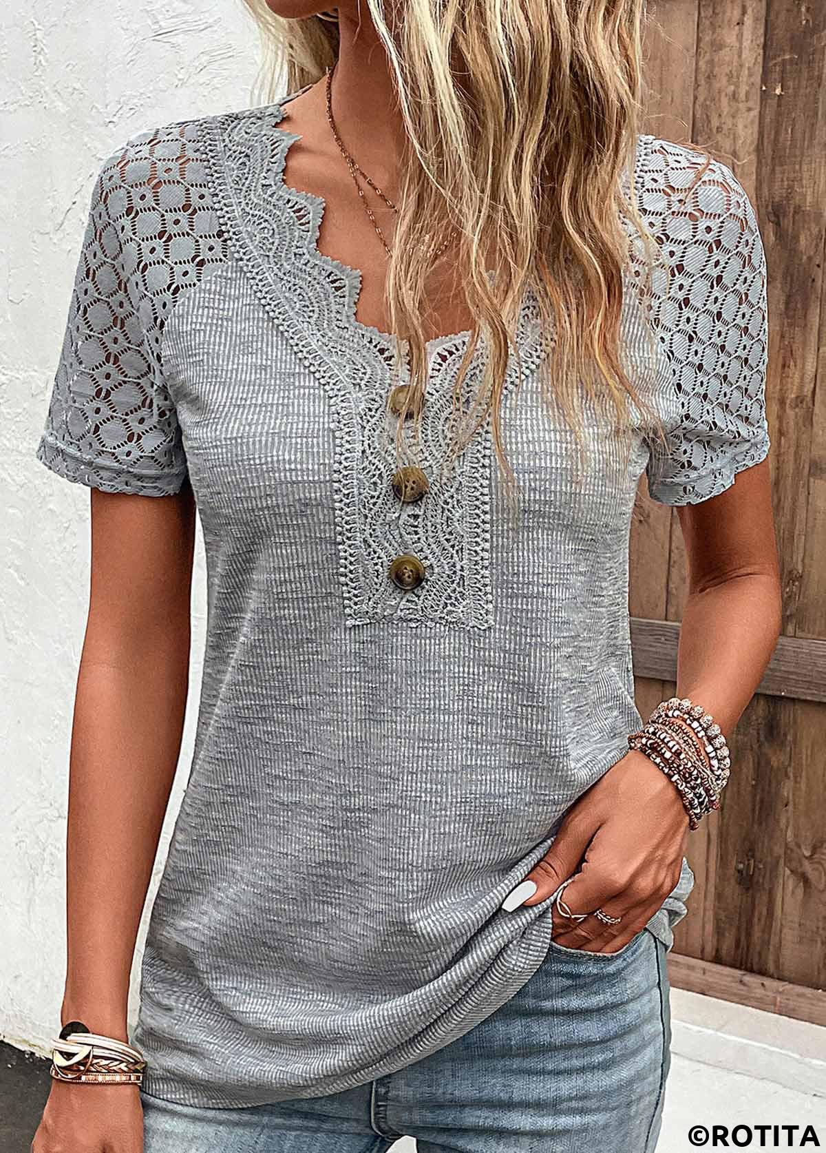 Grey plus size,Plain Color plus size,ROTITA Plus Size Lace Grey V Neck T Shirt