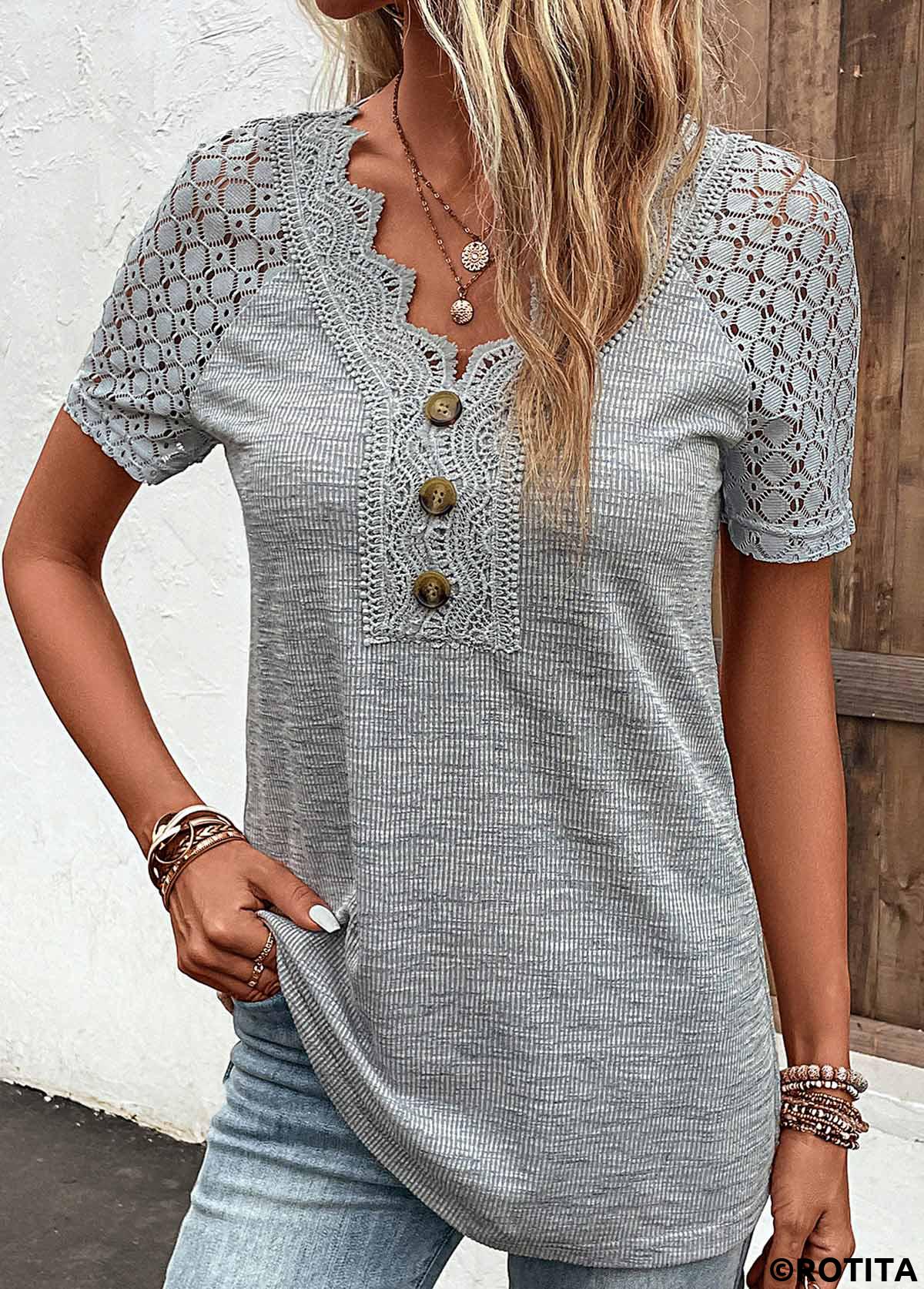 Grey tops,Plain Color tops,ROTITA Lace Grey V Neck Short Sleeve T Shirt