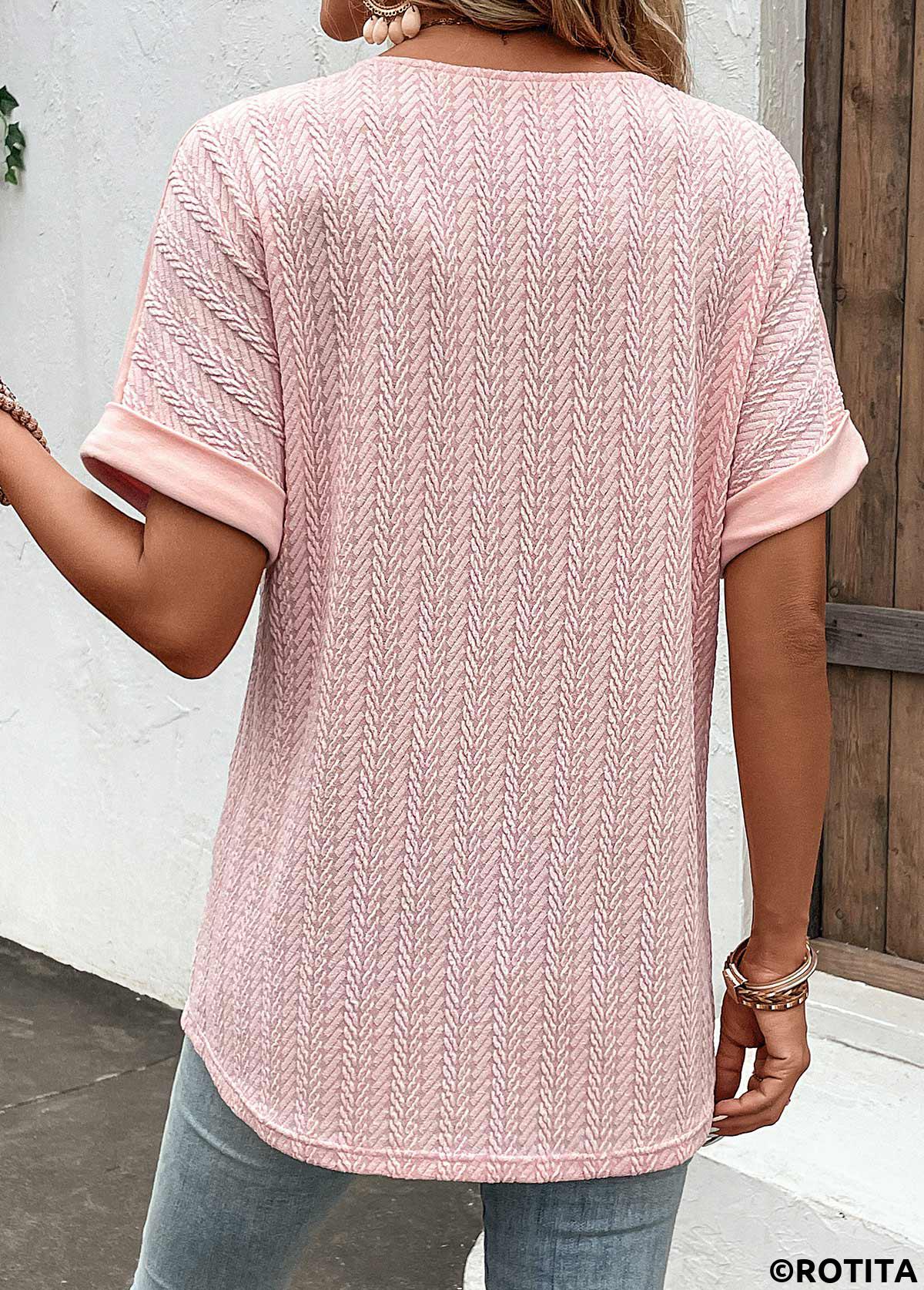 Dusty Pink tops,Plain Color tops,ROTITA Button Dusty Pink Split Neck Short Sleeve Blouse