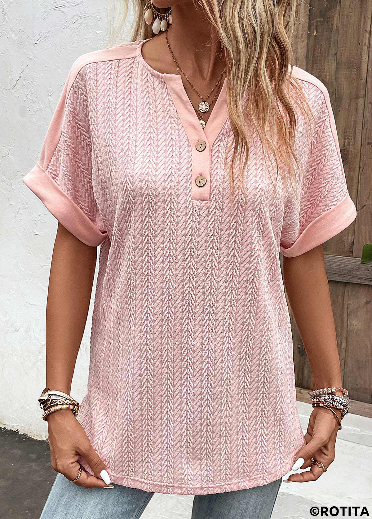 Dusty Pink tops,Plain Color tops,ROTITA Button Dusty Pink Split Neck Short Sleeve Blouse