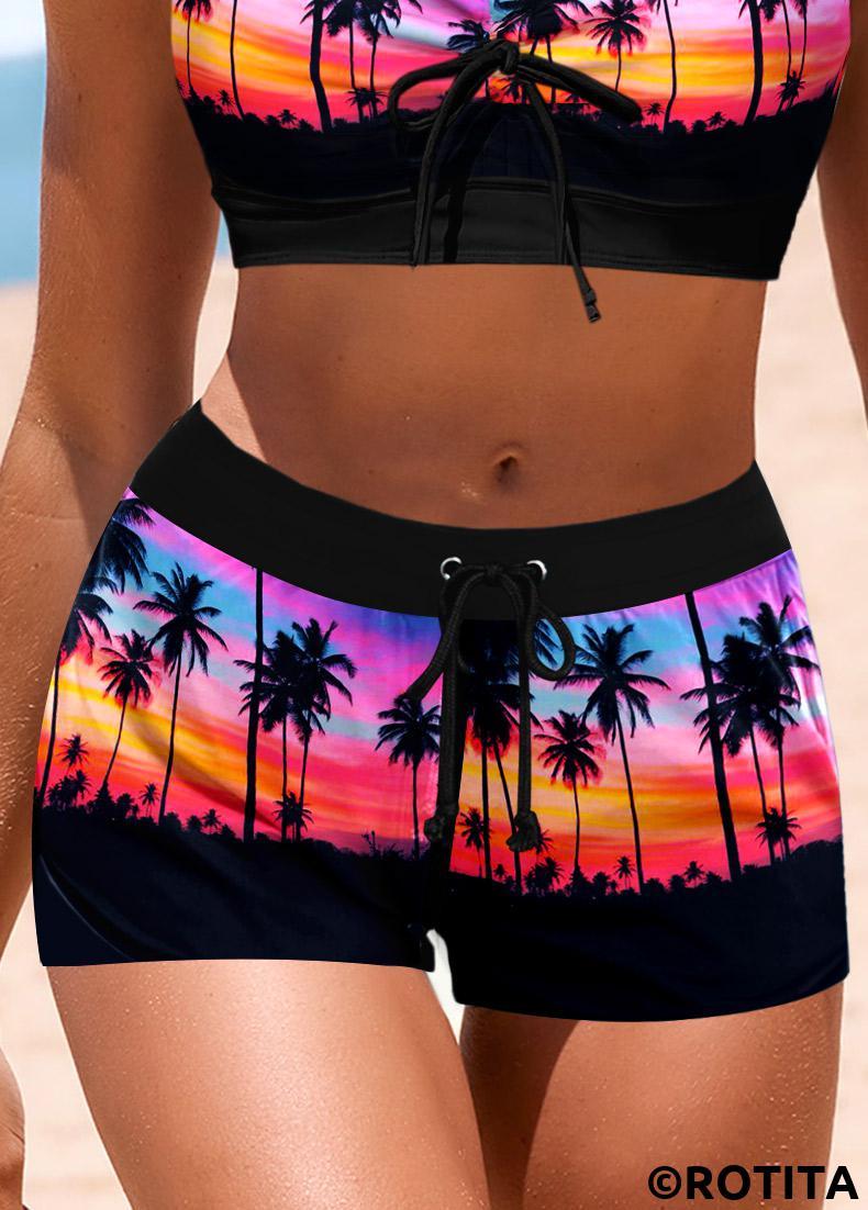Black swimwear,Graphic swimwear,Plants swimwear,ROTITA Black Landscape Print Mid Waisted Swim Shorts