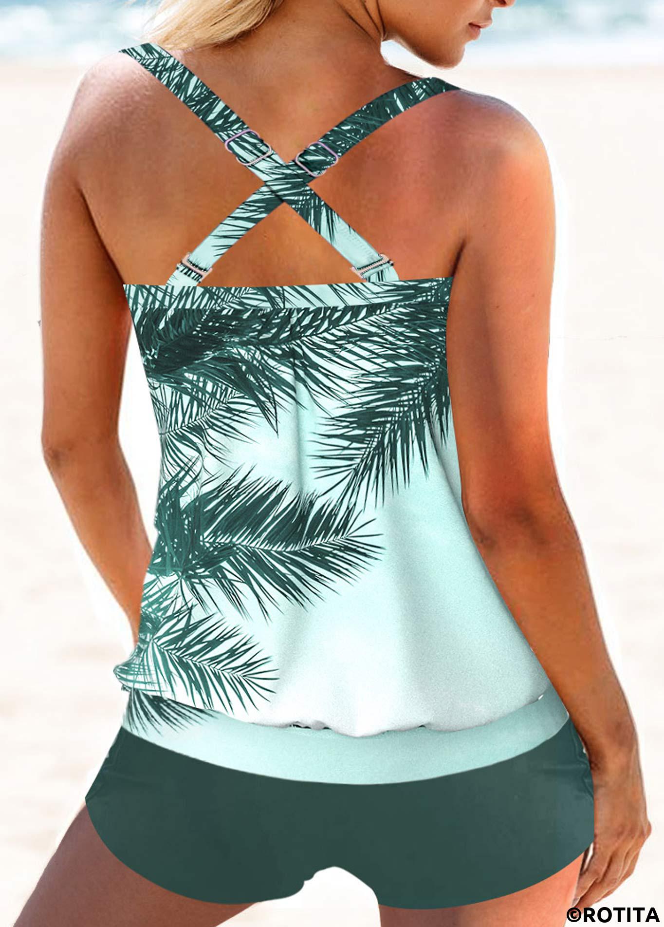 Mint Green swimwear,Plants swimwear,ROTITA Criss Cross Mint Green Tankini Top