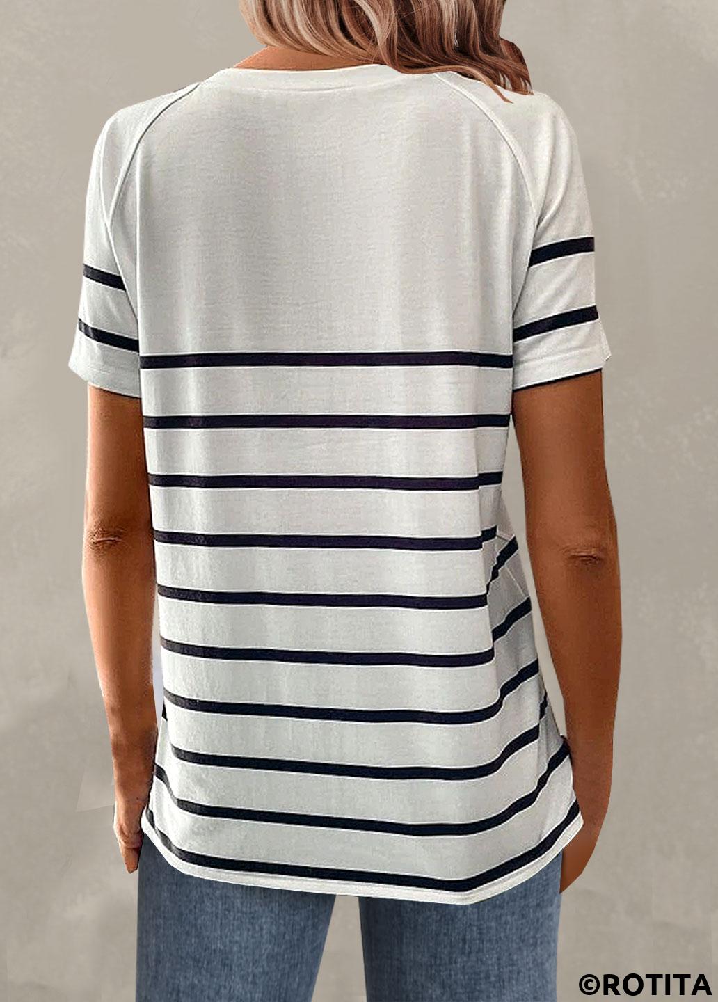 White plus size,Striped plus size,Geometric plus size,Plus Size Button White Striped T Shirt