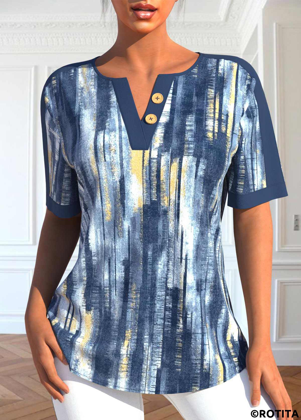 chemisier à manches courtes et col fendu bleu poudré ombré à boutons Rotita