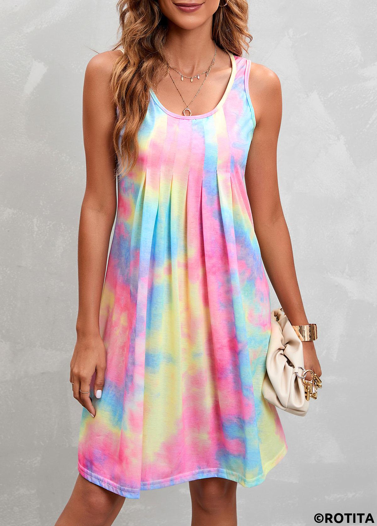 Pink dresses,Ombre dresses,Everyday dresses,Casual dresses,Pleated Ombre Multi Color A Line Dress