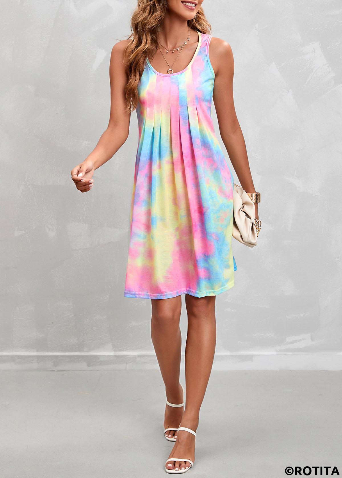 Pink dresses,Ombre dresses,Everyday dresses,Casual dresses,Pleated Ombre Multi Color A Line Dress
