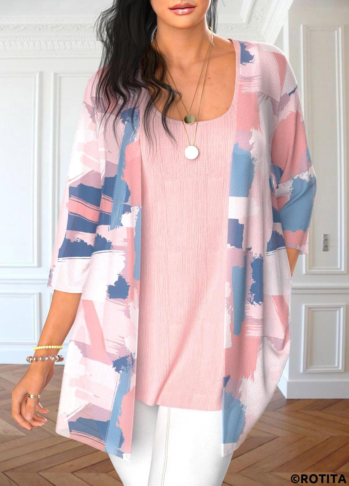 Light Pink tops,Graphic tops,ROTITA Graffiti Print Light Pink Cardigan and Tank Top