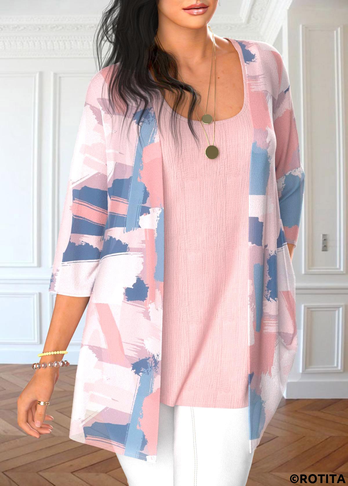 Light Pink tops,Graphic tops,ROTITA Graffiti Print Light Pink Cardigan and Tank Top