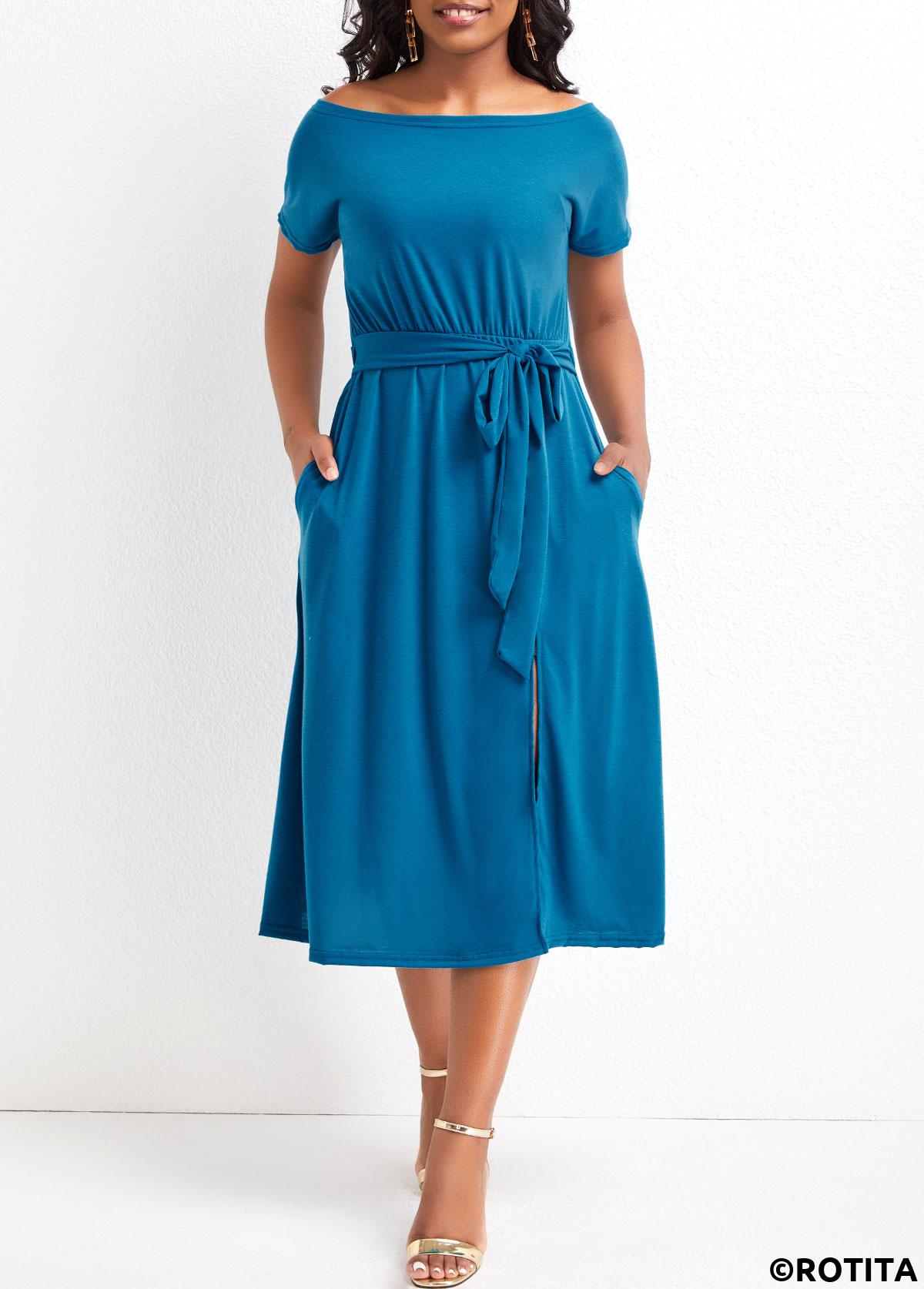 Sky Blue dresses,Plain Color dresses,Vacation dresses,Vacation dresses,Split Sky Blue Off Shoulder Short Sleeve Dress