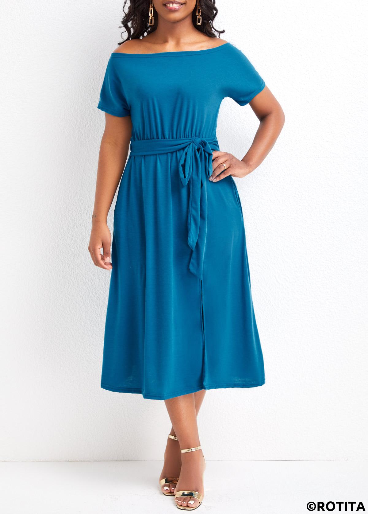 Sky Blue dresses,Plain Color dresses,Vacation dresses,Vacation dresses,Split Sky Blue Off Shoulder Short Sleeve Dress