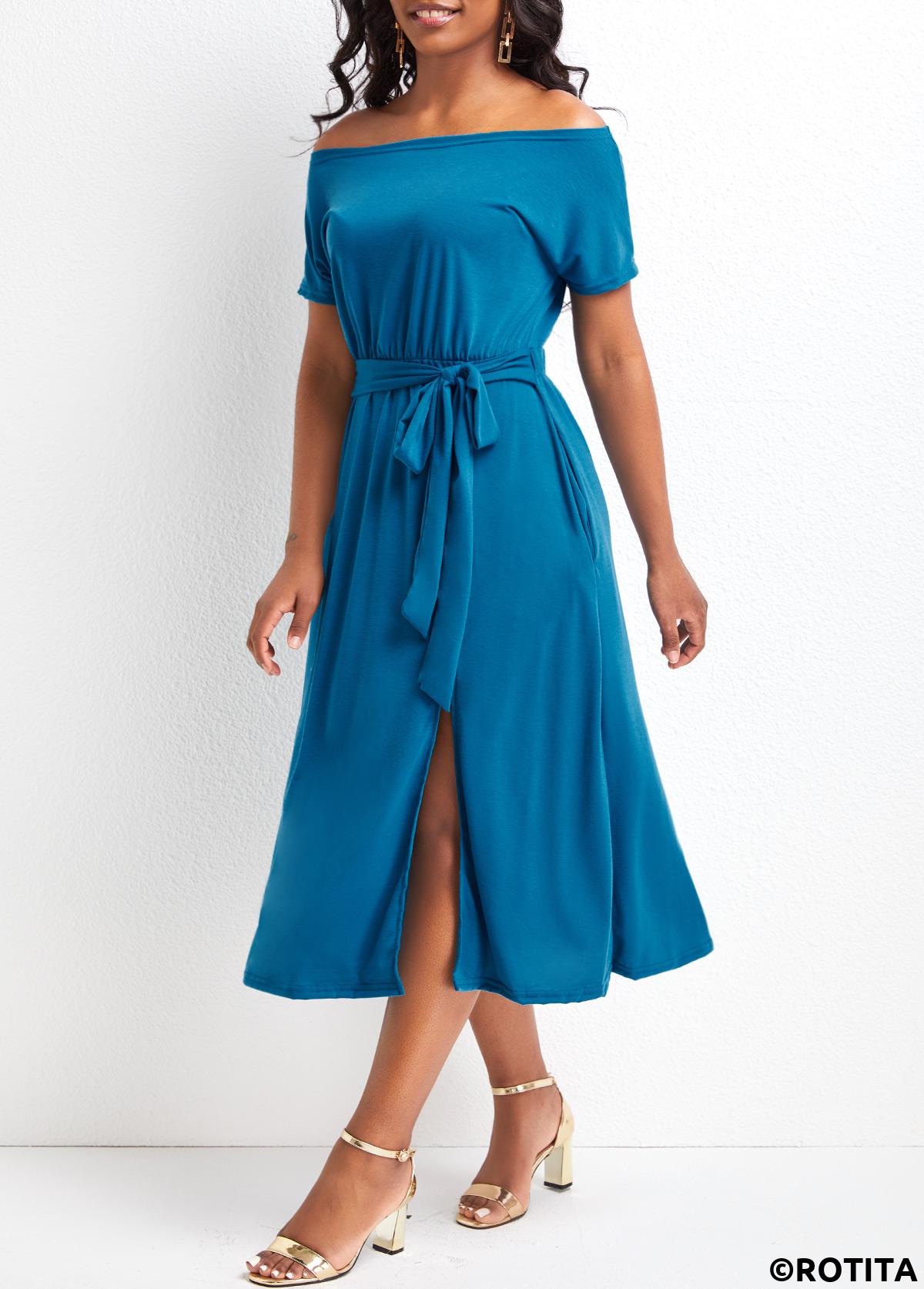 Sky Blue dresses,Plain Color dresses,Vacation dresses,Vacation dresses,Split Sky Blue Off Shoulder Short Sleeve Dress