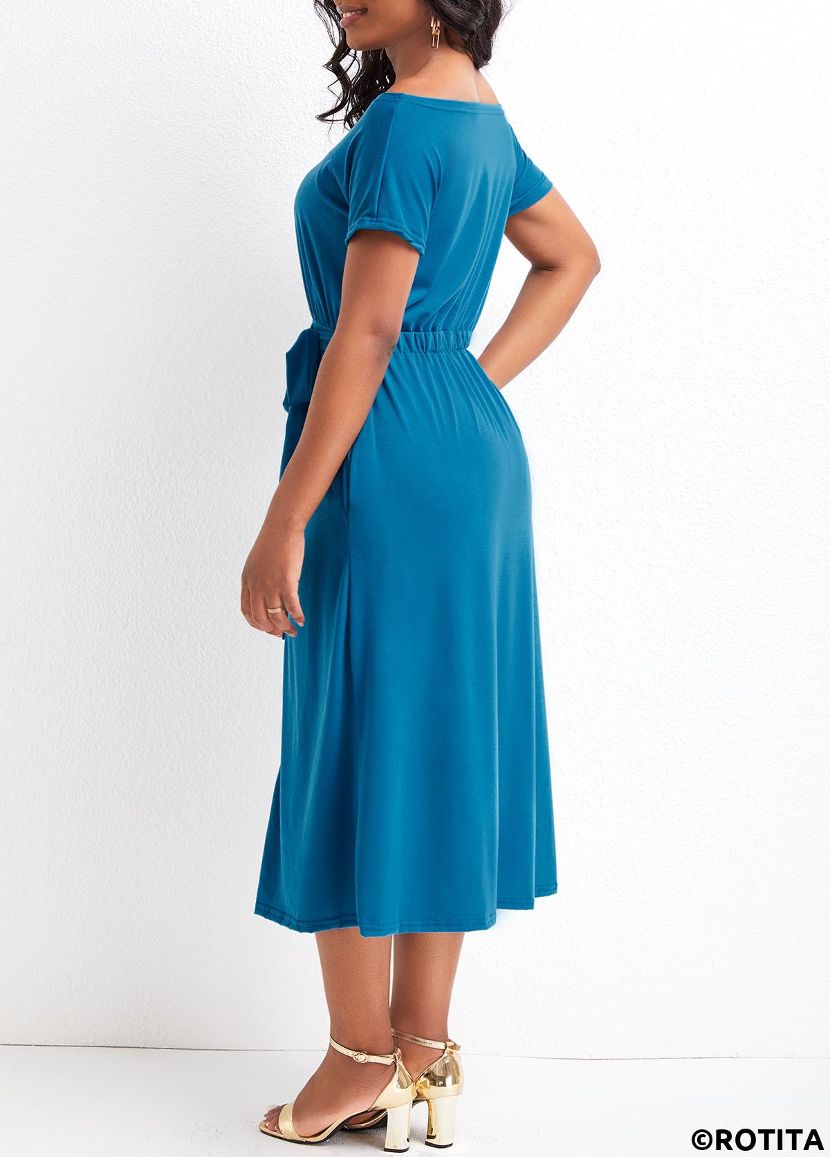Sky Blue dresses,Plain Color dresses,Vacation dresses,Vacation dresses,Split Sky Blue Off Shoulder Short Sleeve Dress