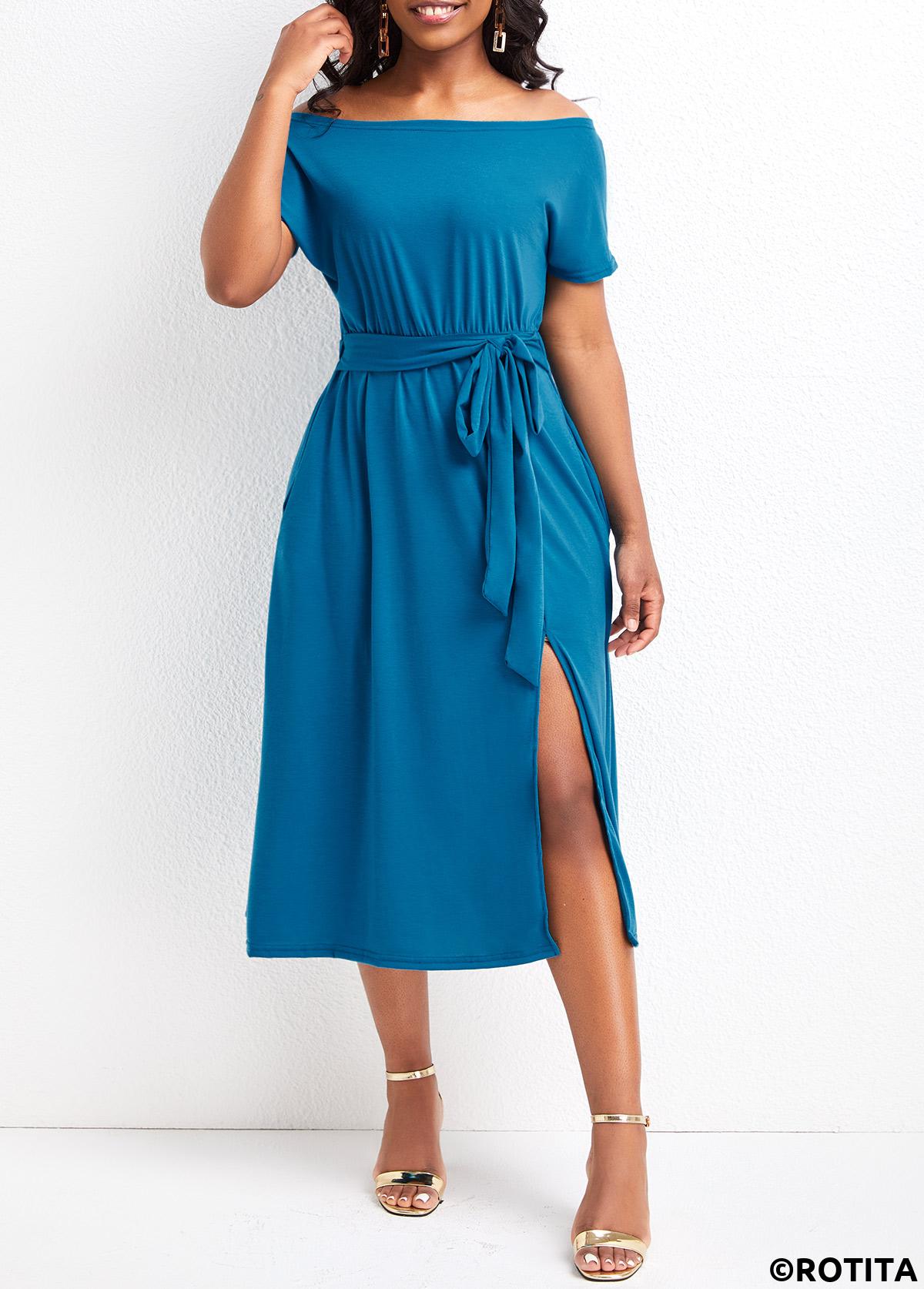 Sky Blue dresses,Plain Color dresses,Vacation dresses,Vacation dresses,Split Sky Blue Off Shoulder Short Sleeve Dress