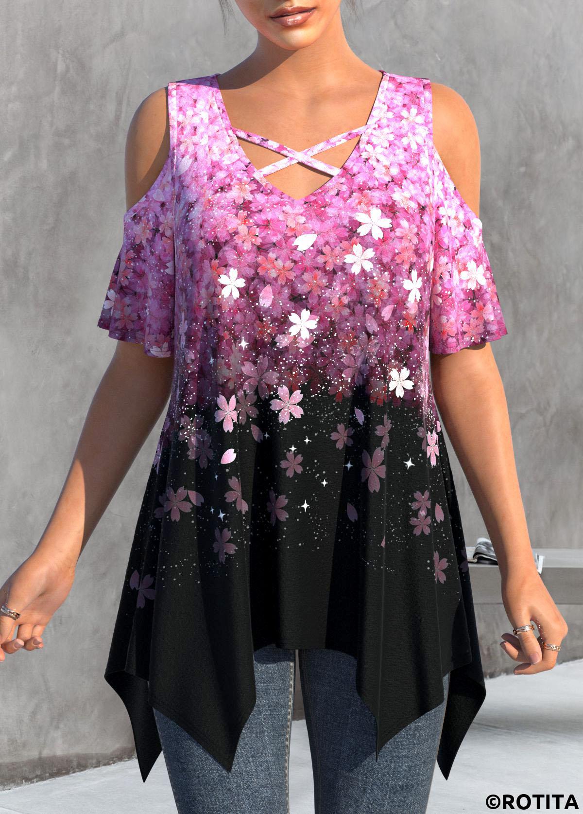 Hot Pink tops,Black tops,Floral tops,Ombre tops,ROTITA Handkerchief Hem Floral Print Hot Pink T Shirt
