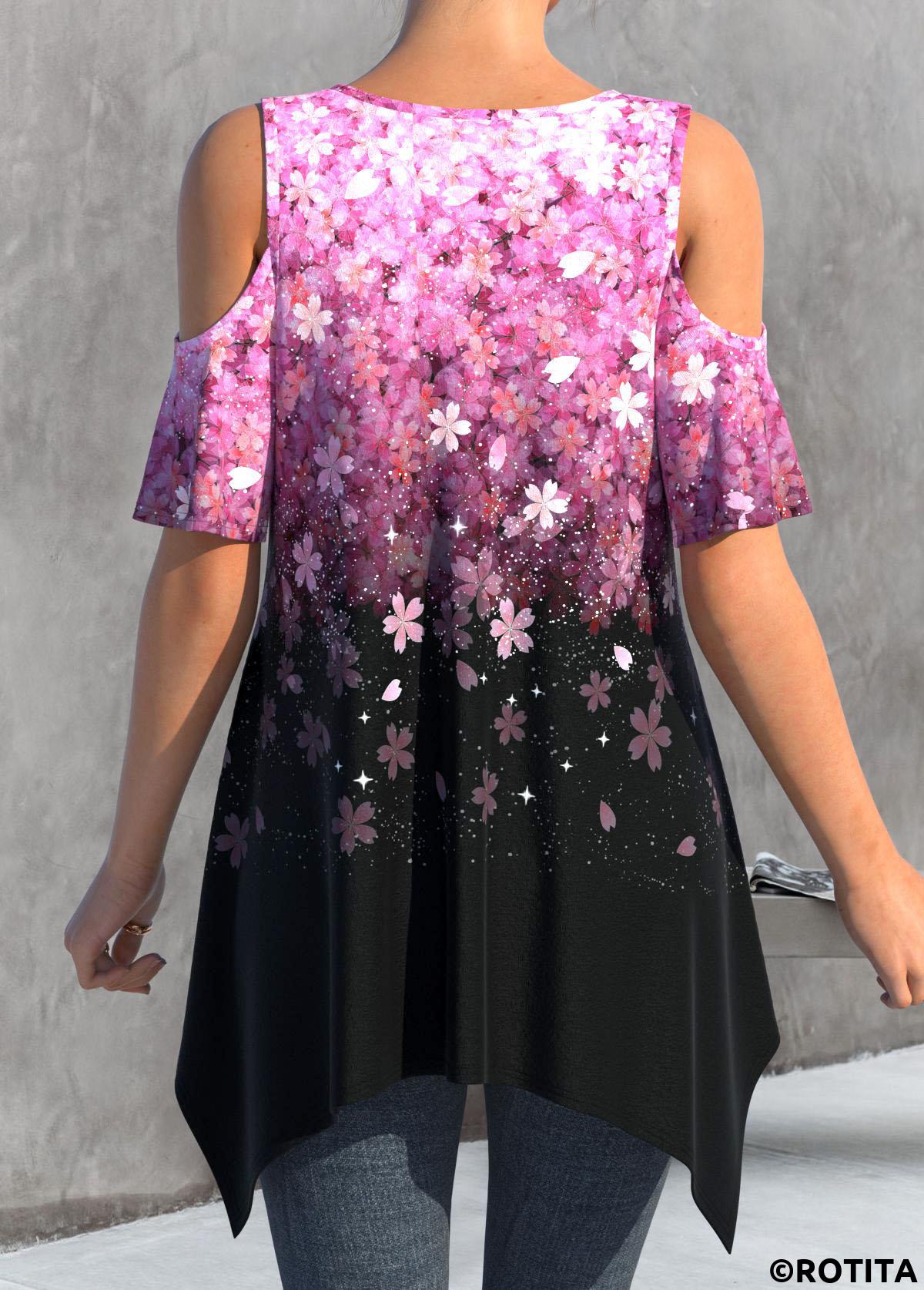Hot Pink tops,Black tops,Floral tops,Ombre tops,ROTITA Handkerchief Hem Floral Print Hot Pink T Shirt