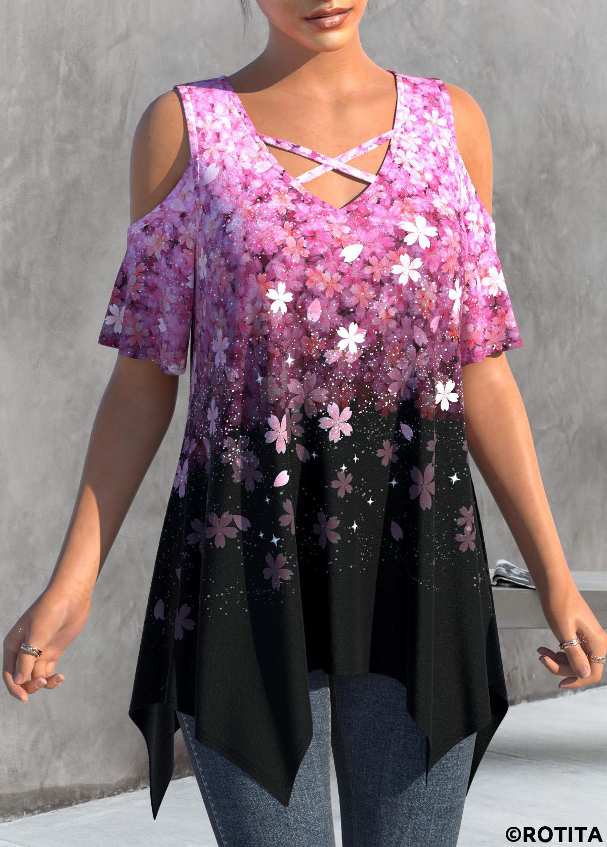 Hot Pink tops,Black tops,Floral tops,Ombre tops,ROTITA Handkerchief Hem Floral Print Hot Pink T Shirt