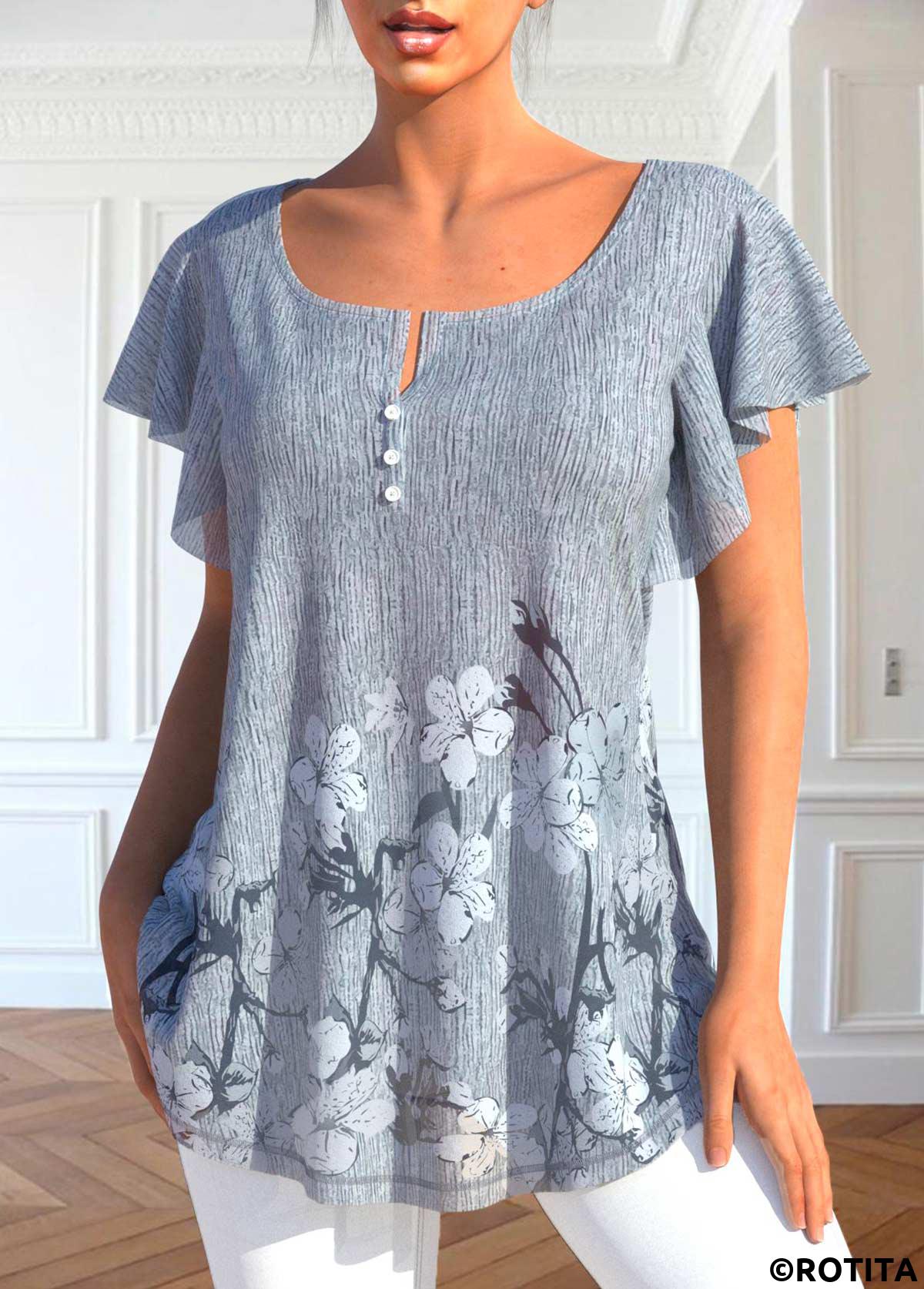 Grey tops,Floral tops,ROTITA Button Floral Print Grey Scoop Neck T Shirt