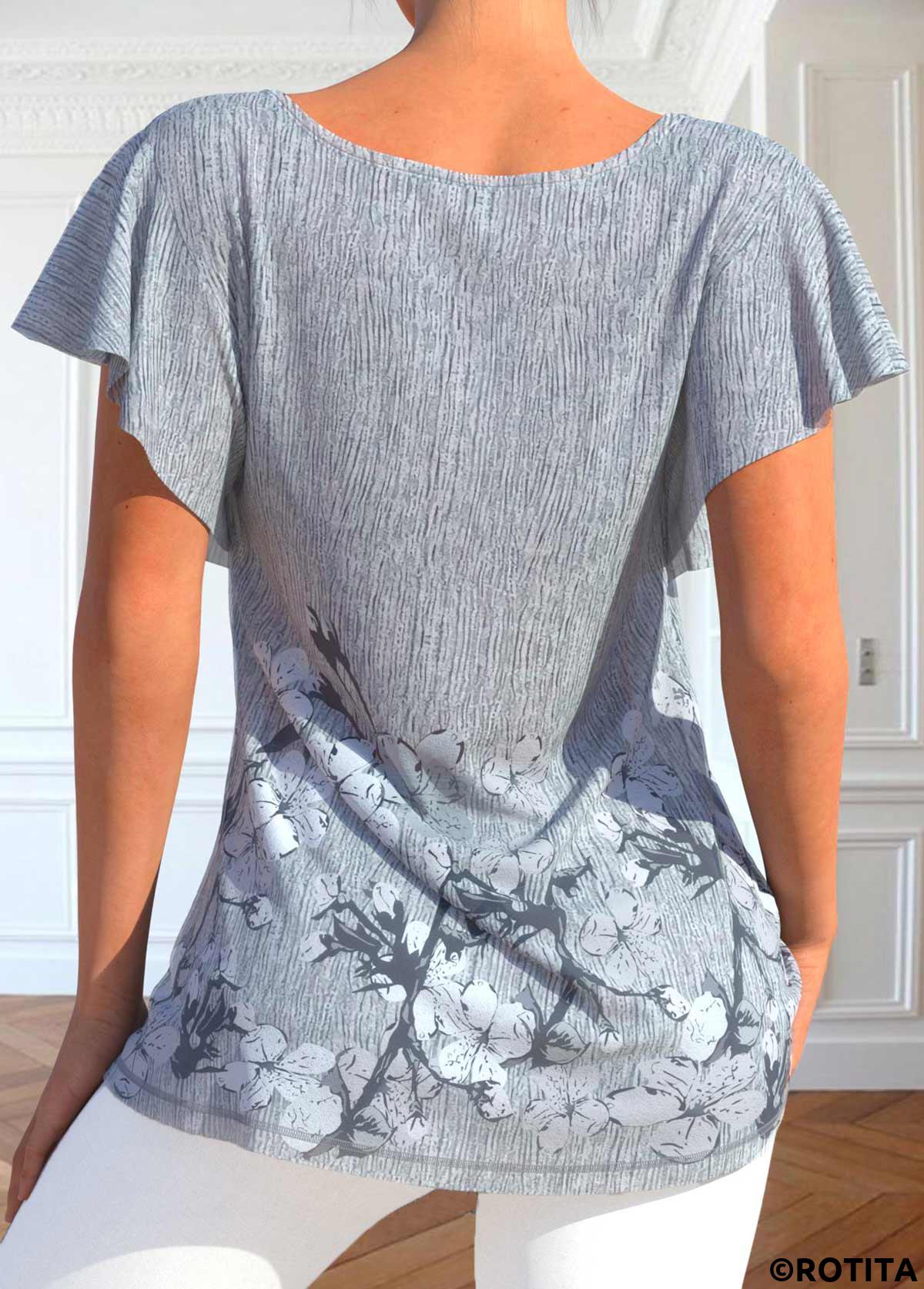 Grey tops,Floral tops,ROTITA Button Floral Print Grey Scoop Neck T Shirt