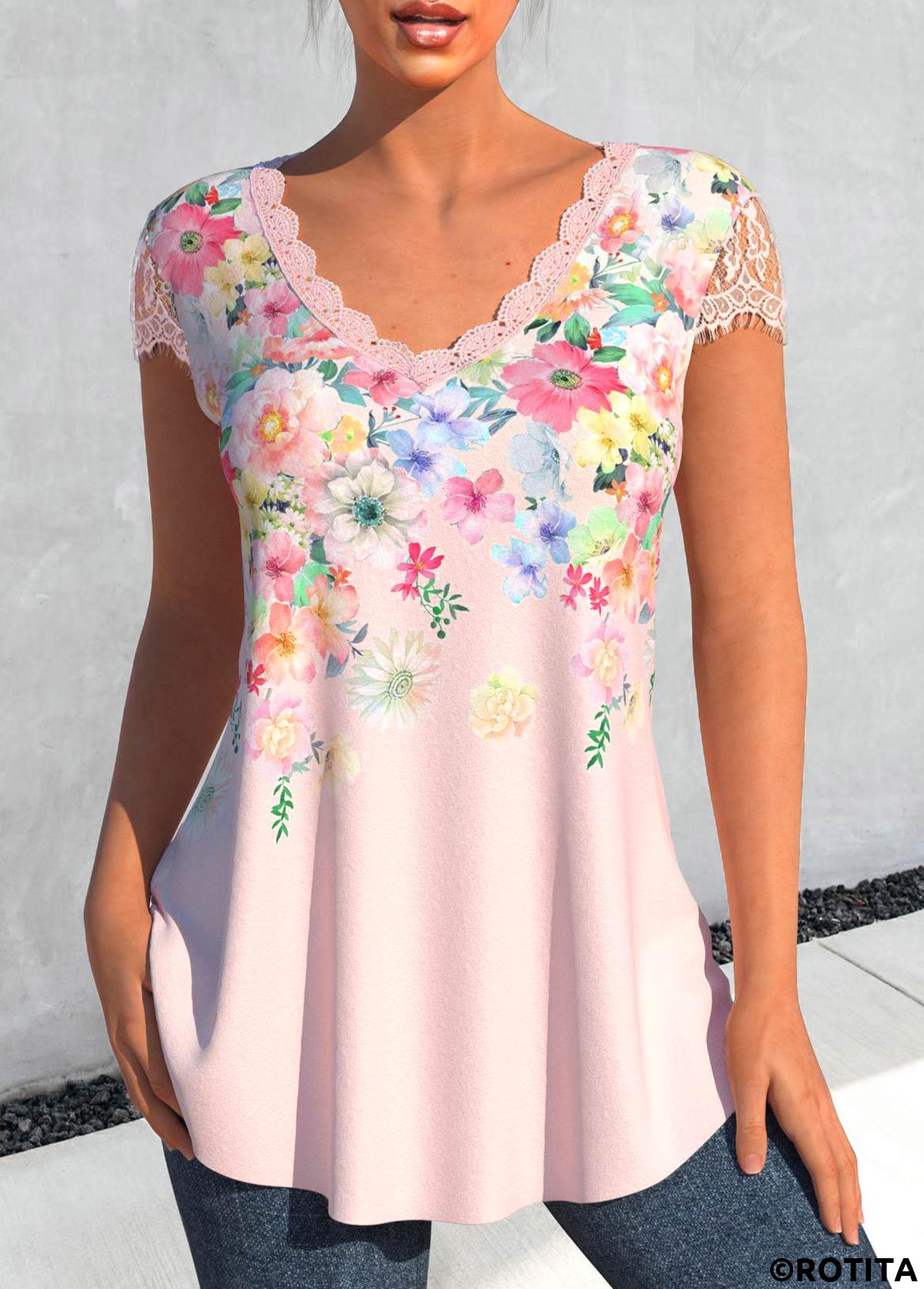 ROTITA Patchwork Floral Print Light Pink T Shirt