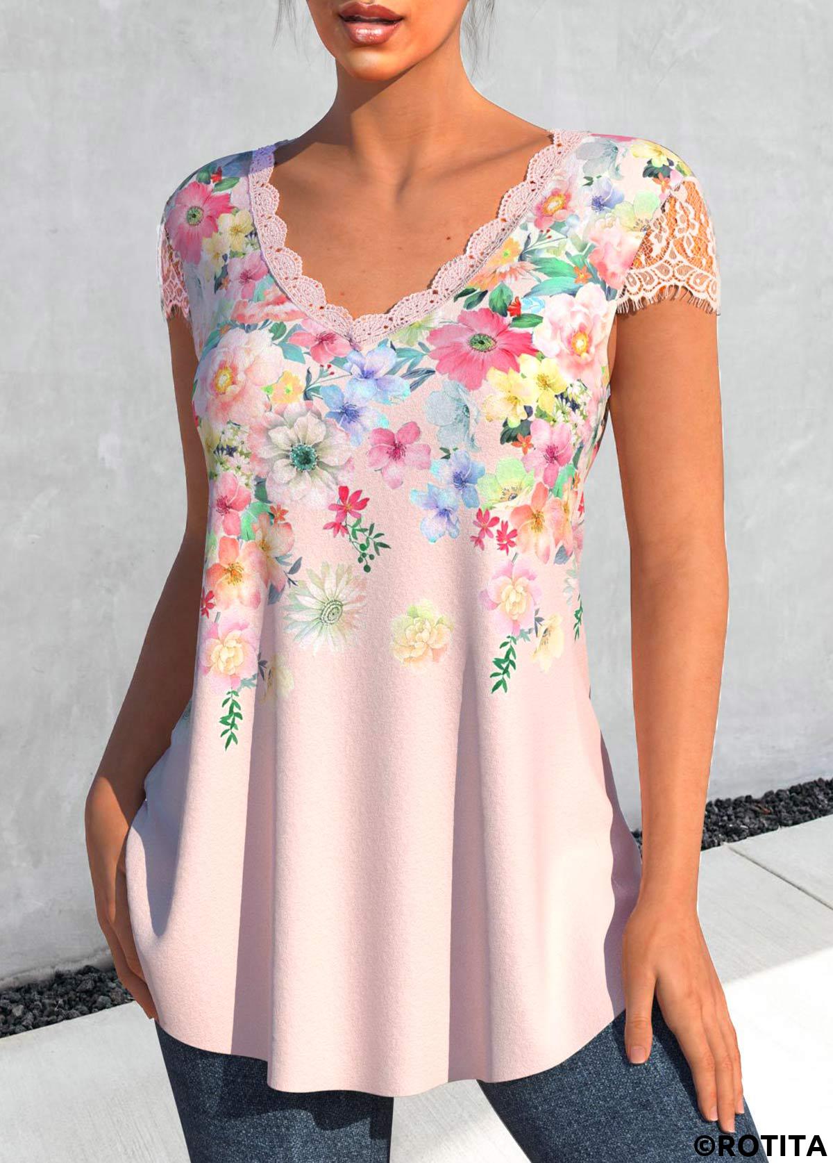 ROTITA Patchwork Floral Print Light Pink T Shirt