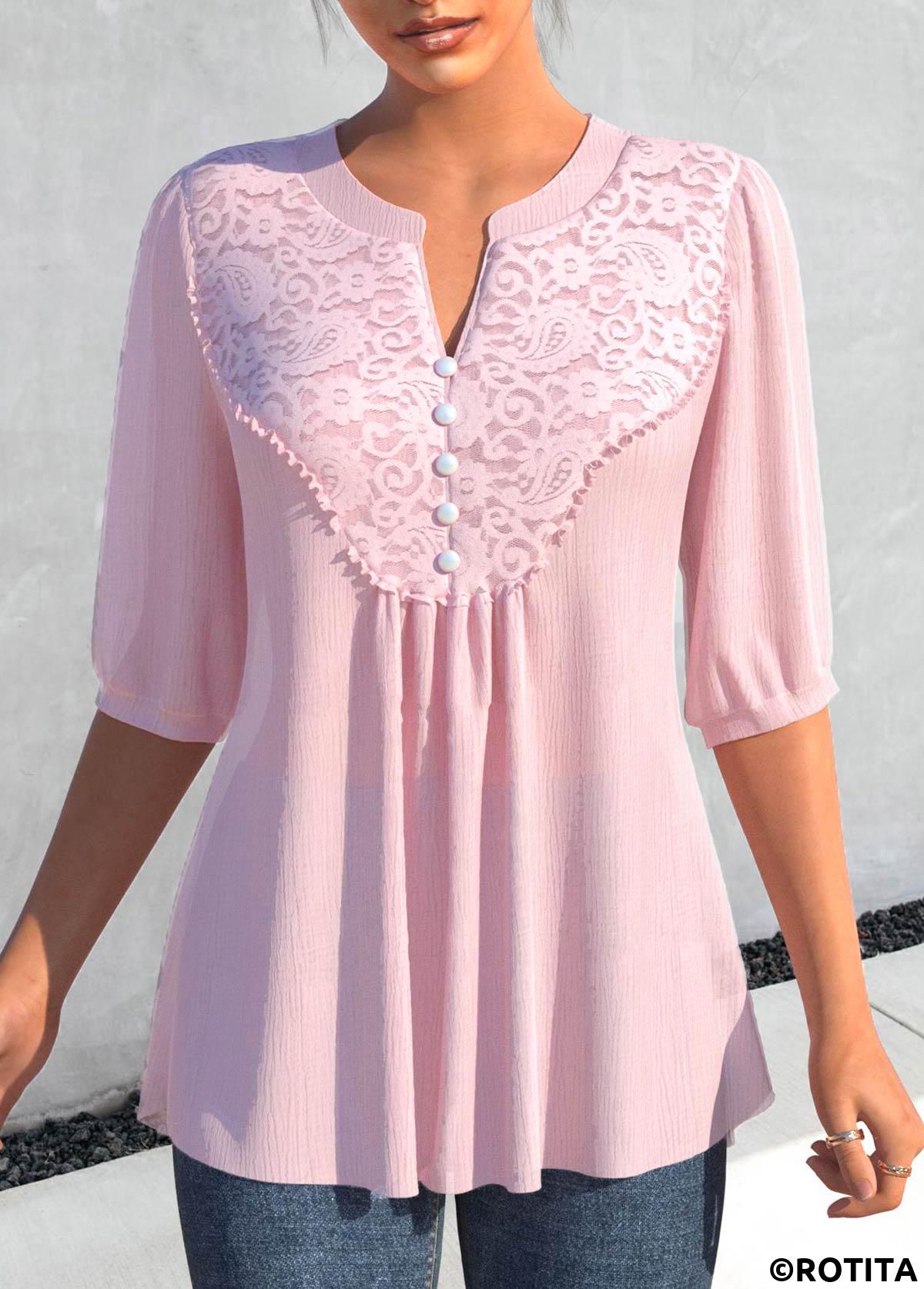 Light Pink tops,Plain Color tops,ROTITA Lace Light Pink Split Neck Half Sleeve Blouse