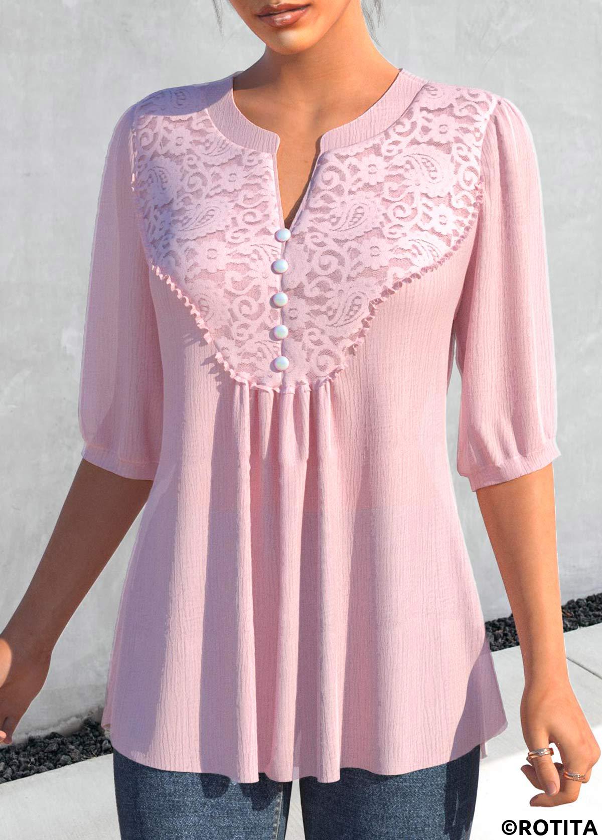 Light Pink tops,Plain Color tops,ROTITA Lace Light Pink Split Neck Half Sleeve Blouse