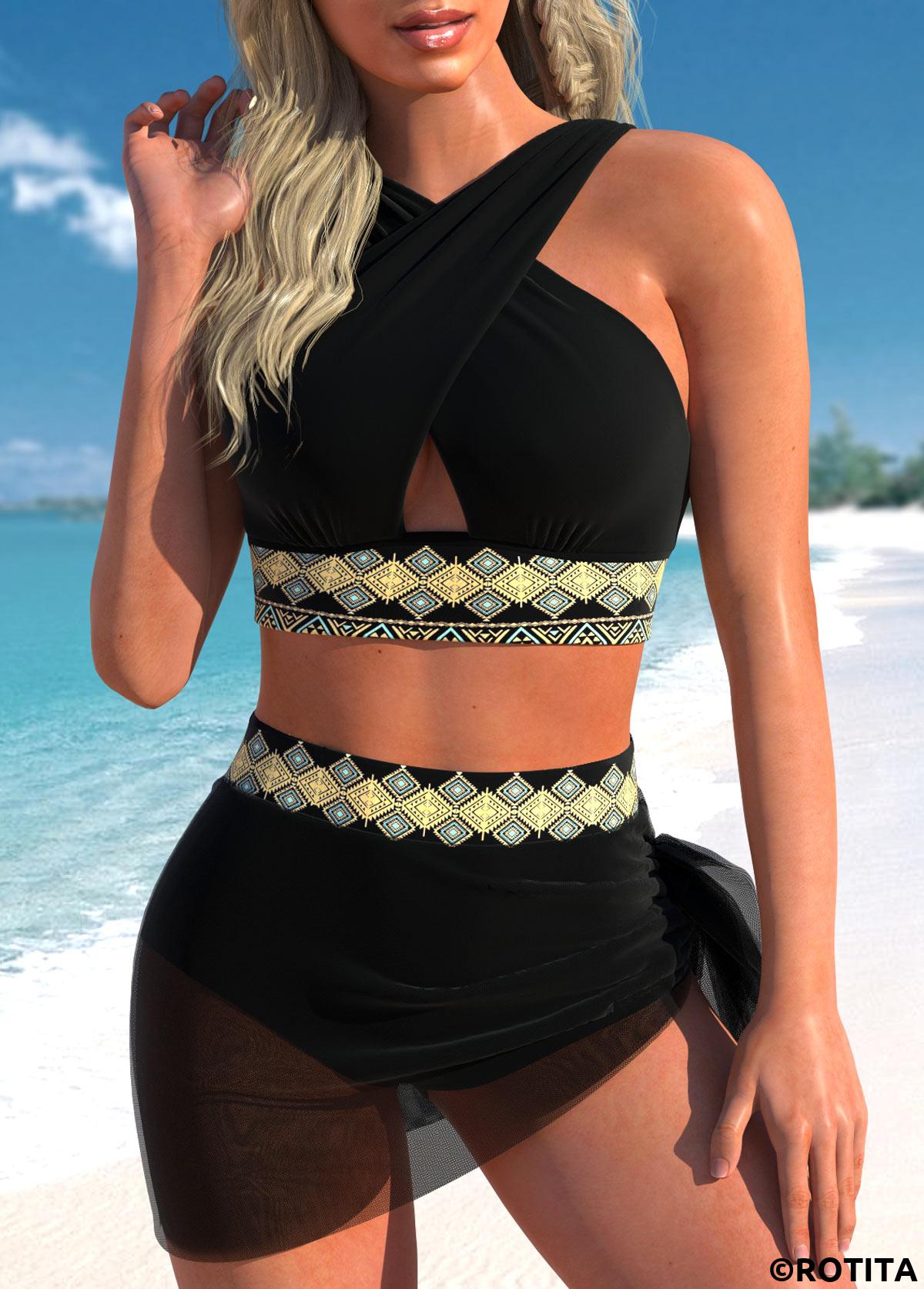 Black swimwear,Tribal swimwear,Geometric swimwear,ROTITA Criss Cross Black Tribal Print Bikini Set