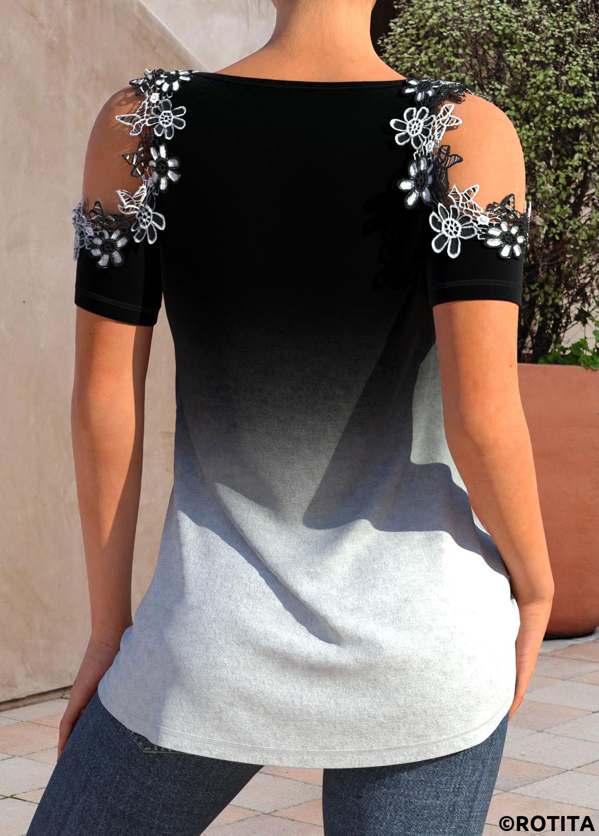 Rotita Patchwork-Ombre-schwarzes Rundhals-T-Shirt