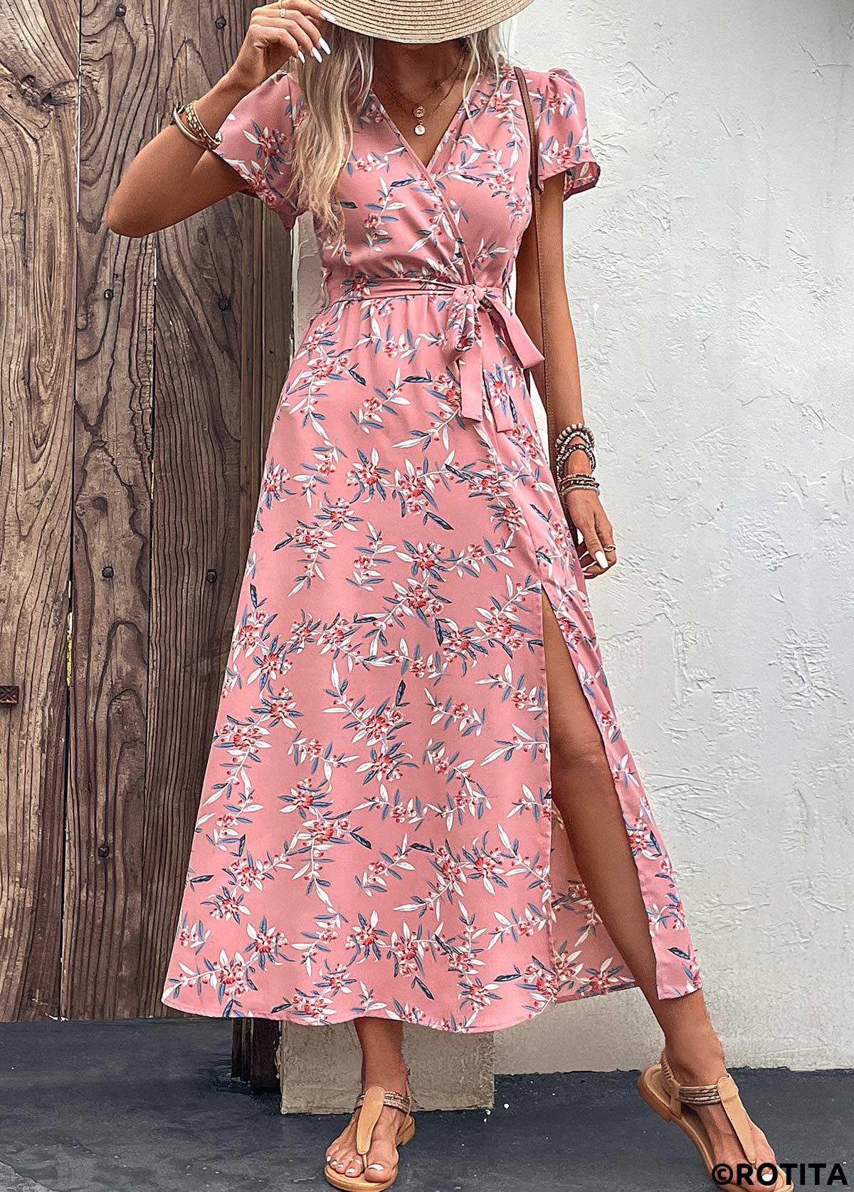 Pink dresses,Plants dresses,Vacation dresses,Vacation dresses,Split Leaf Print Pink Belted Maxi Dress