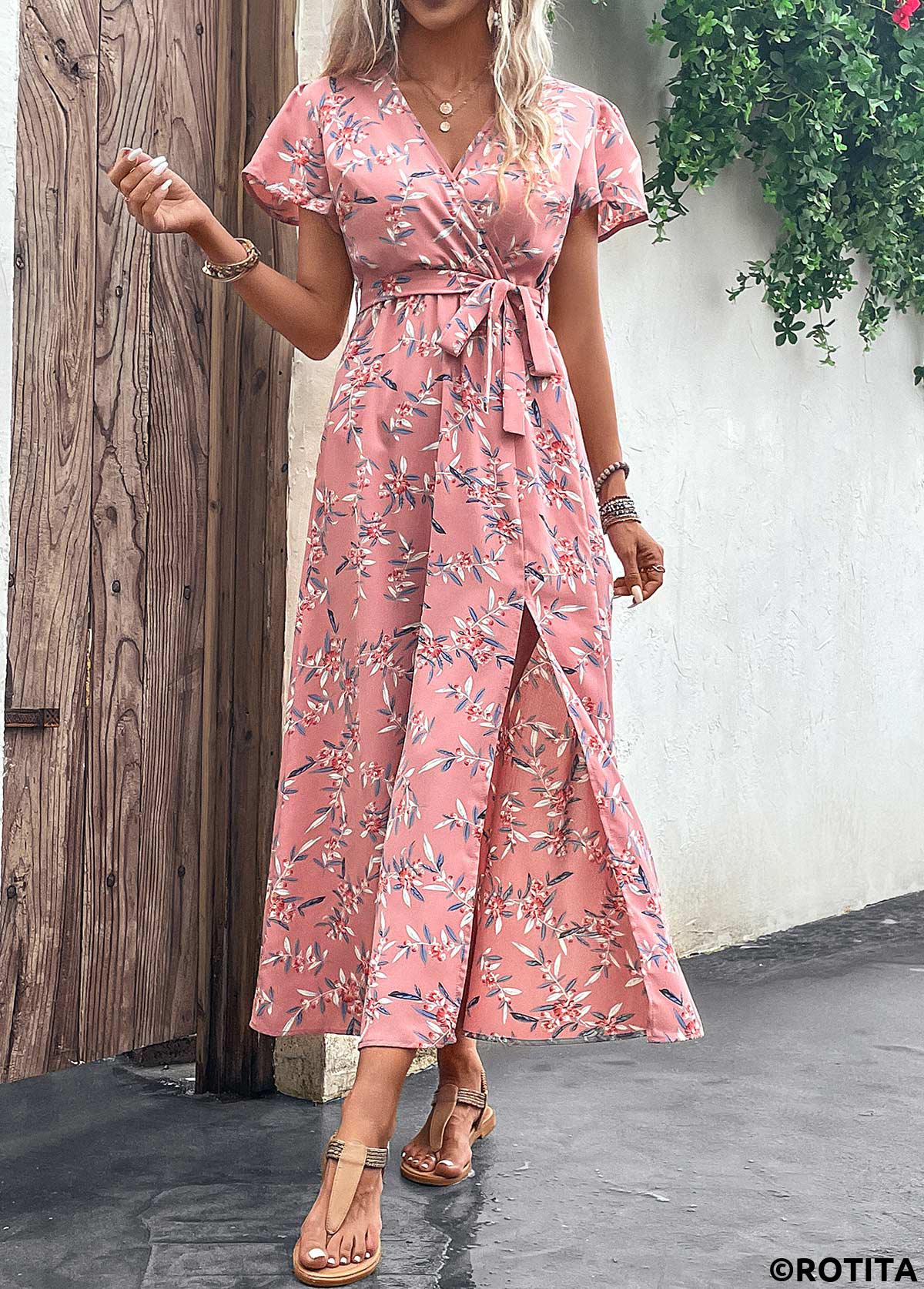 Pink dresses,Plants dresses,Vacation dresses,Vacation dresses,Split Leaf Print Pink Belted Maxi Dress