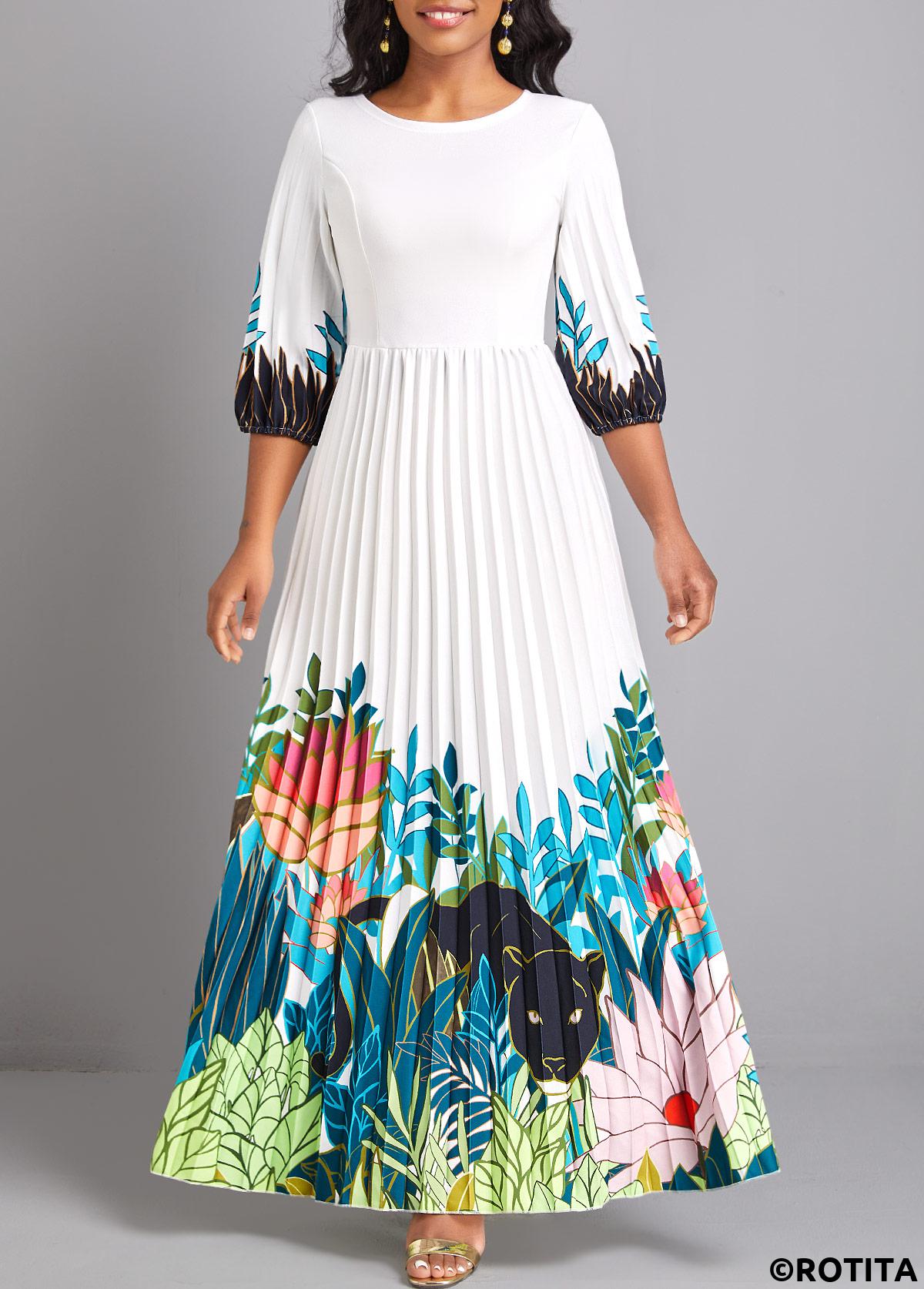 White dresses,Floral dresses,Plants dresses,Animal Print dresses,Vacation dresses,Vacation dresses,ROTITA Pleated Floral Print White Round Neck Maxi Dress