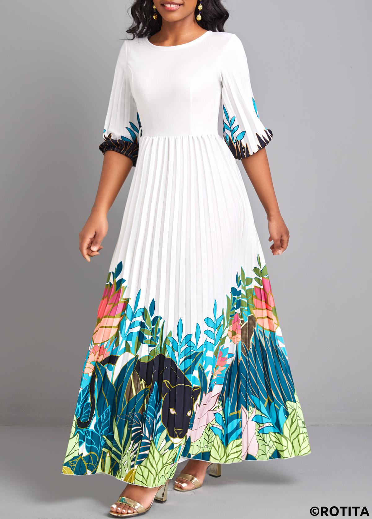 White dresses,Floral dresses,Plants dresses,Animal Print dresses,Vacation dresses,Vacation dresses,ROTITA Pleated Floral Print White Round Neck Maxi Dress
