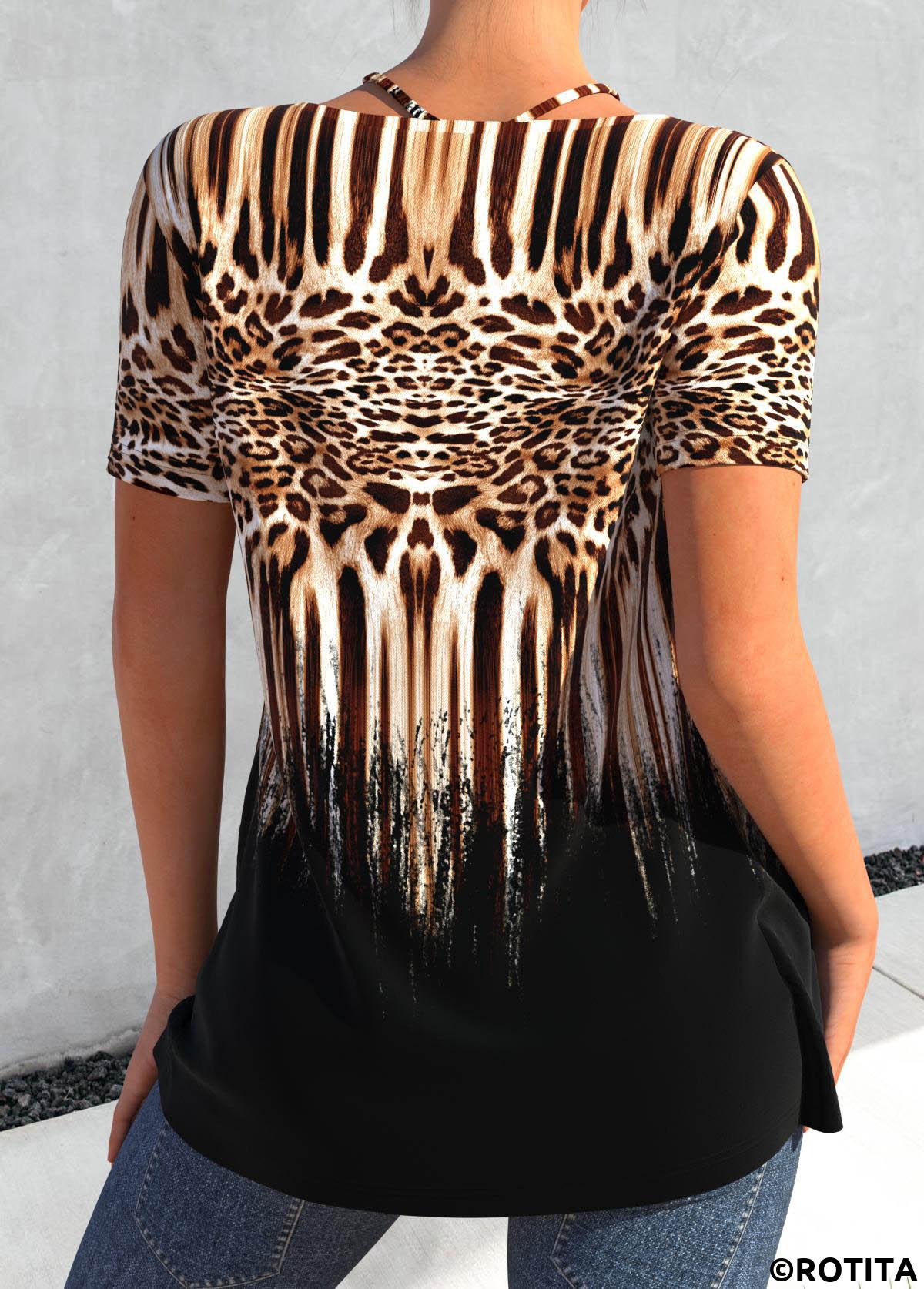 ROTITA Circular Ring Leopard Black V Neck T Shirt
