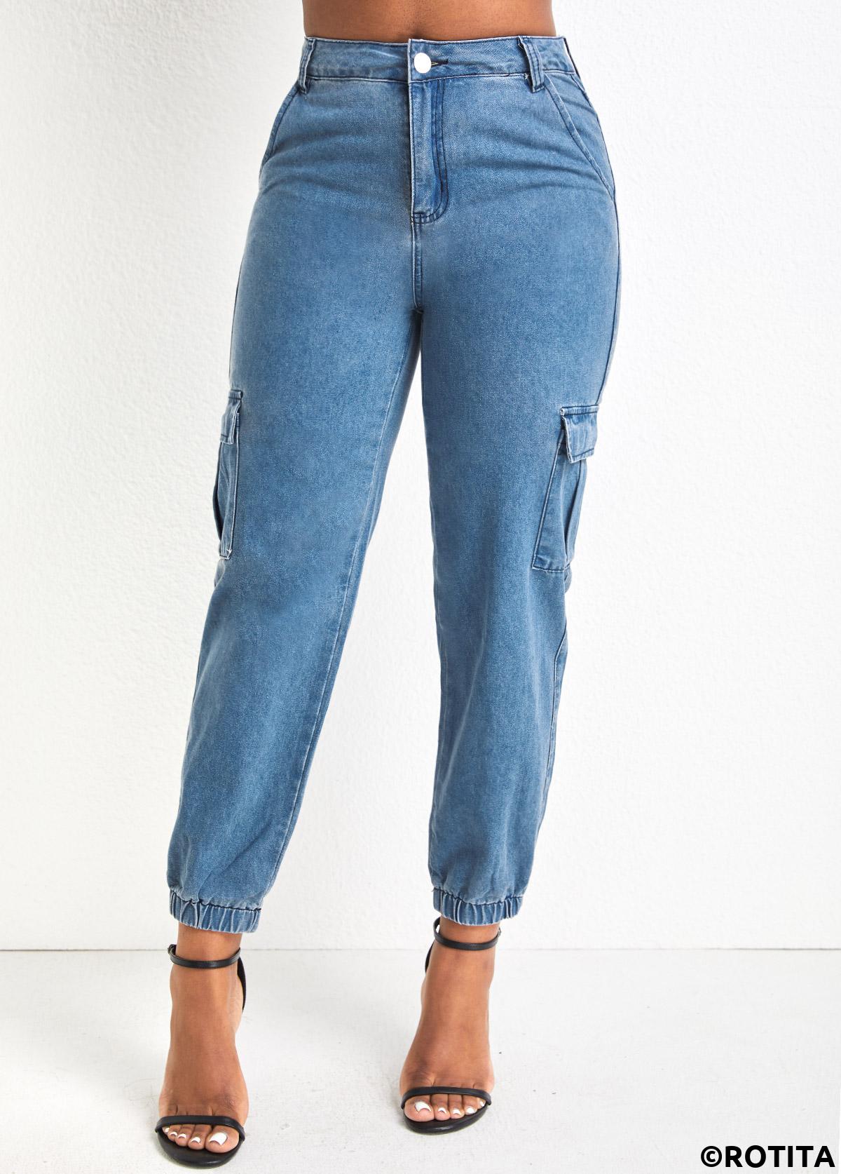 Denim Blue bottoms,Plain Color bottoms,Pocket Denim Blue Jogger Zipper Fly Pants
