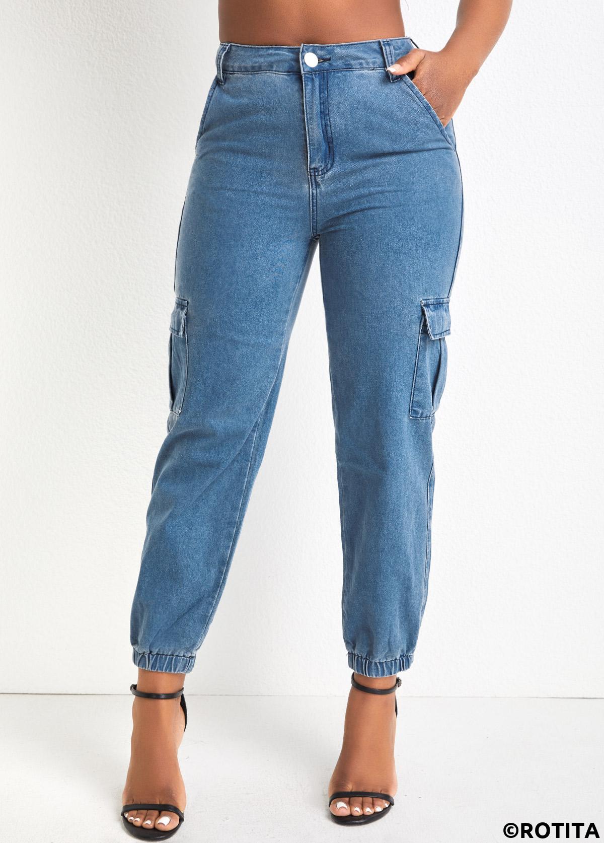 Denim Blue bottoms,Plain Color bottoms,Pocket Denim Blue Jogger Zipper Fly Pants