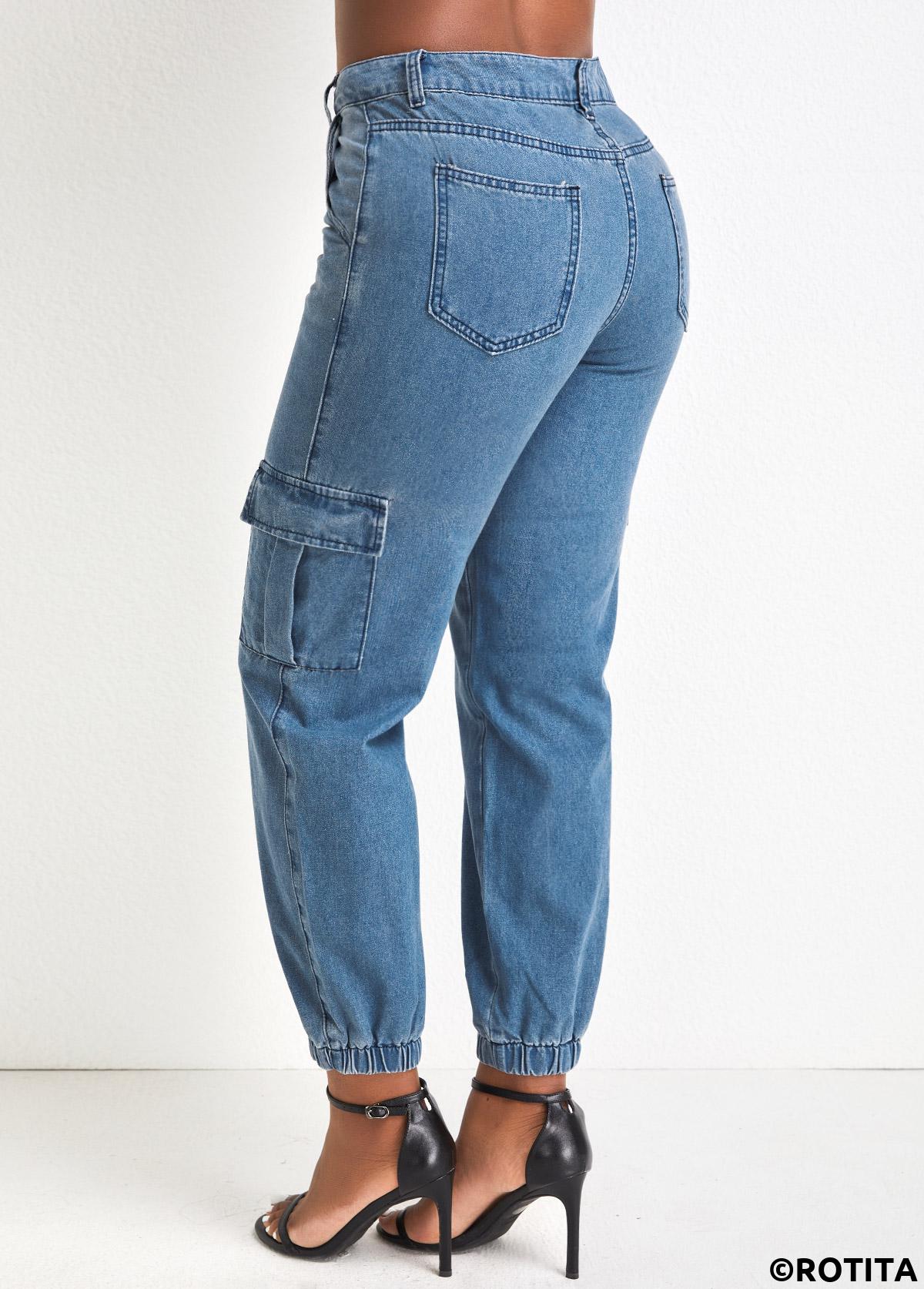 Denim Blue bottoms,Plain Color bottoms,Pocket Denim Blue Jogger Zipper Fly Pants