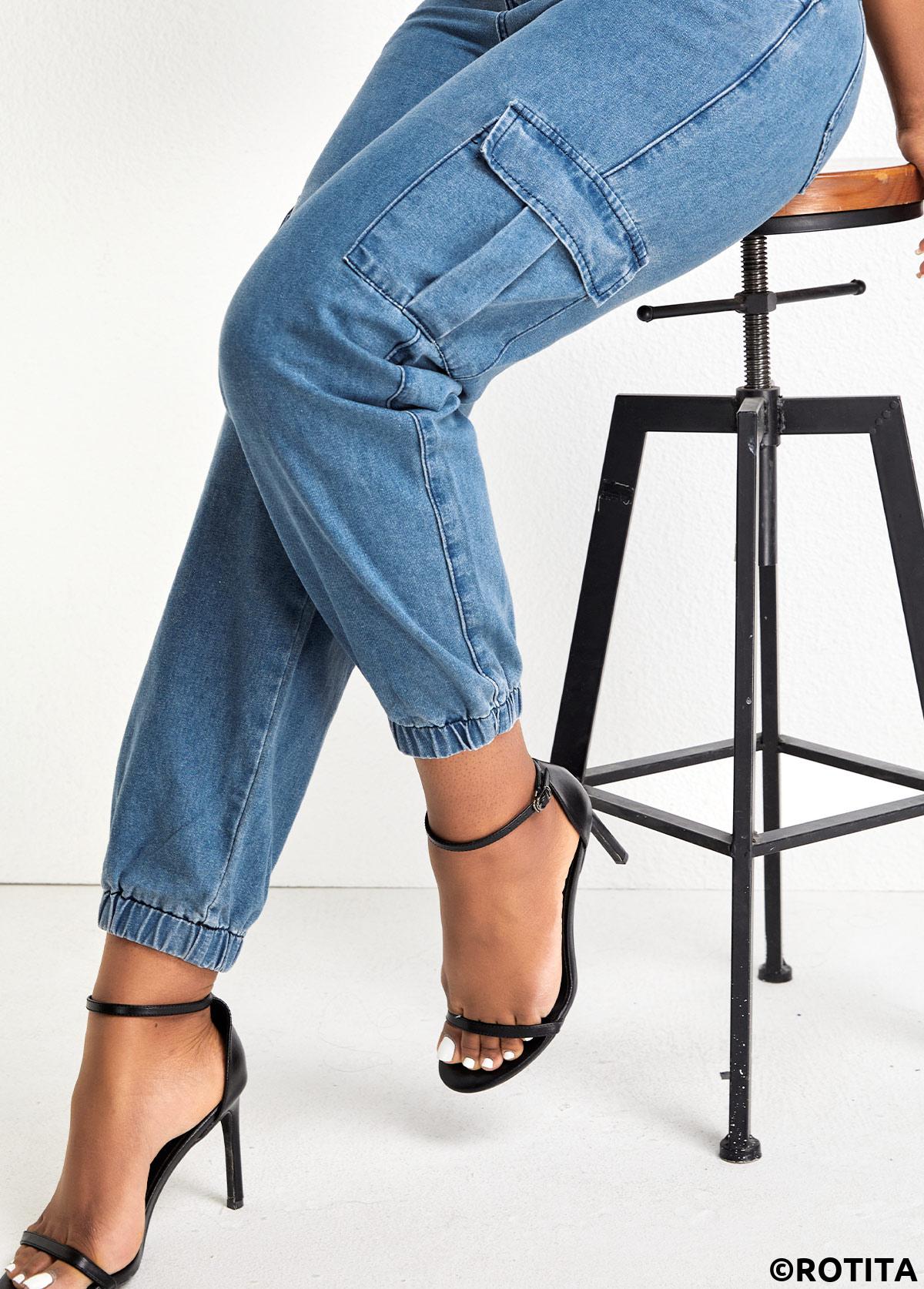 Denim Blue bottoms,Plain Color bottoms,Pocket Denim Blue Jogger Zipper Fly Pants