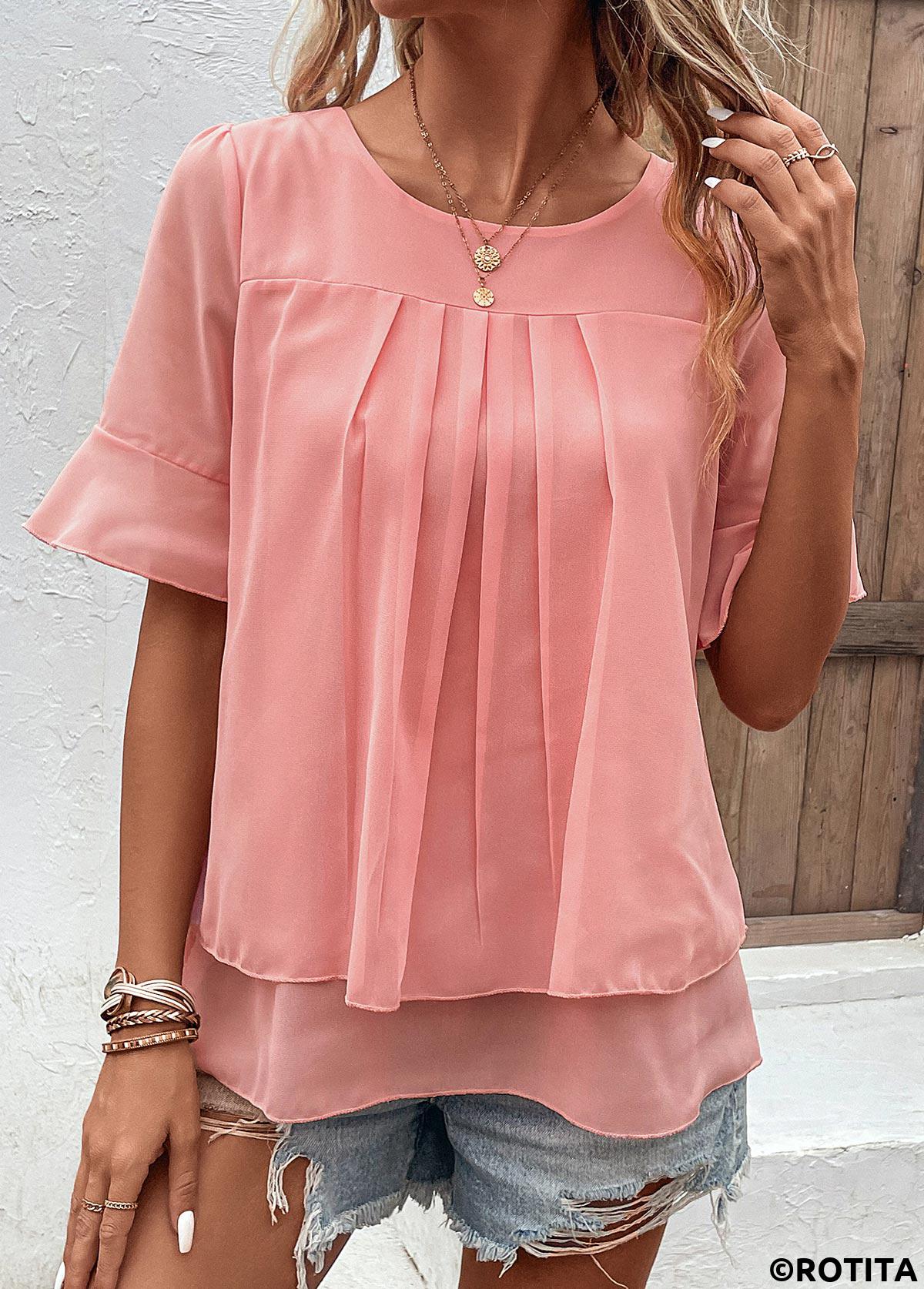 Pink tops,Plain Color tops,Layered Pink Round Neck Short Sleeve Blouse