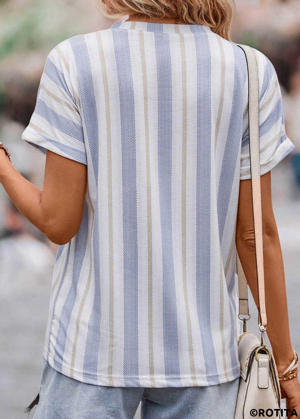 Multi Color tops,Striped tops,Geometric tops,Dot tops,Button Striped Multi Color Split Neck Blouse