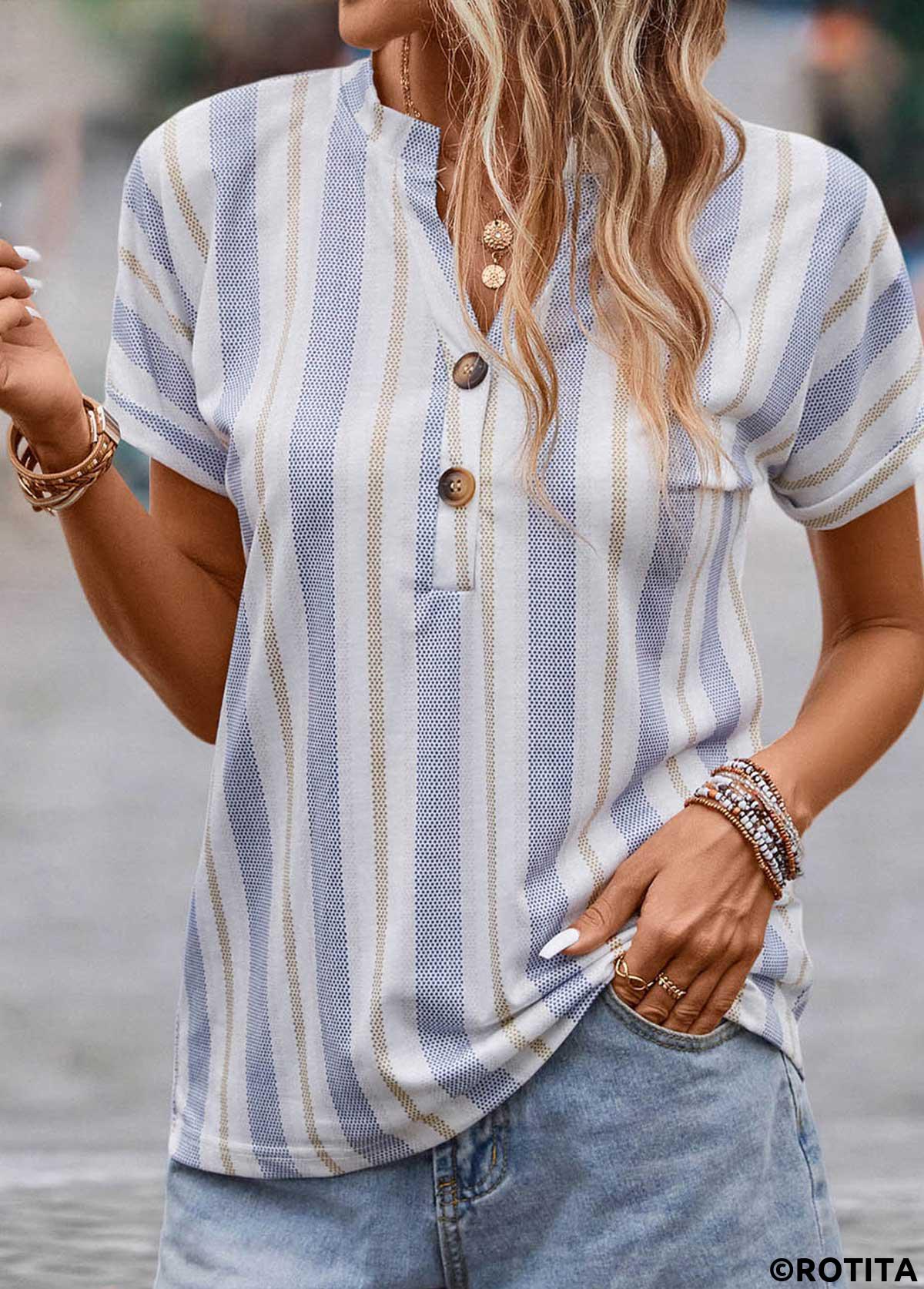 Multi Color tops,Striped tops,Geometric tops,Dot tops,Button Striped Multi Color Split Neck Blouse