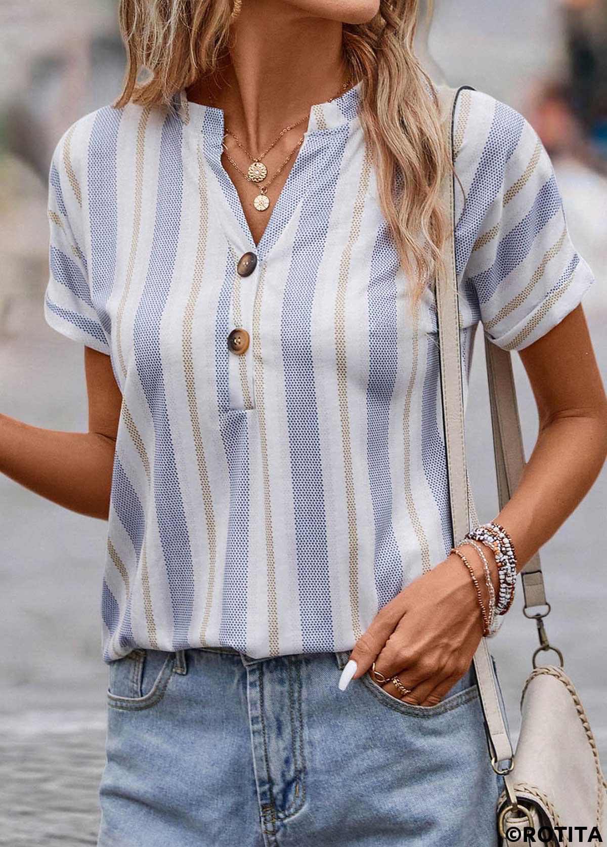Multi Color tops,Striped tops,Geometric tops,Dot tops,Button Striped Multi Color Split Neck Blouse