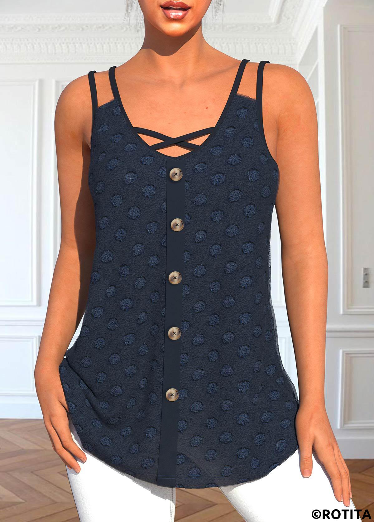 ROTITA Button Navy V Neck Tank Top