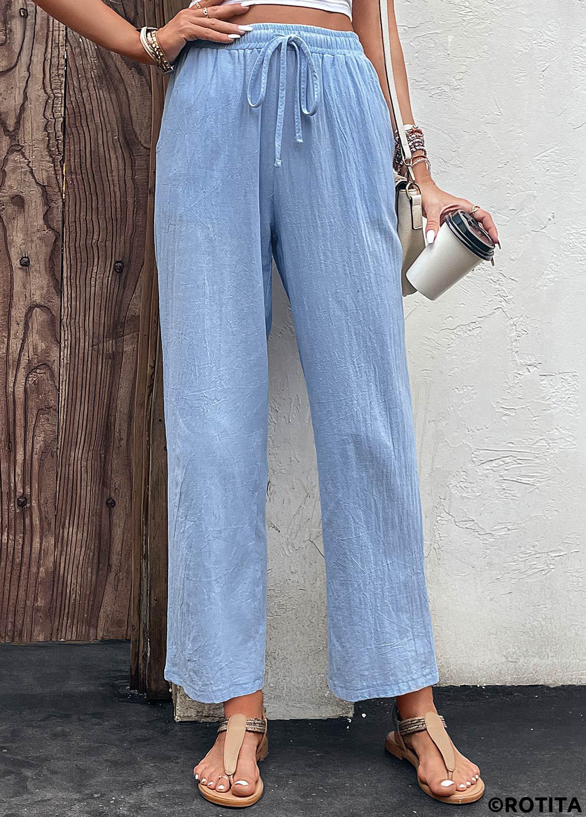 Light Blue bottoms,Plain Color bottoms,Pocket Light Blue Drawastring High Waisted Pants