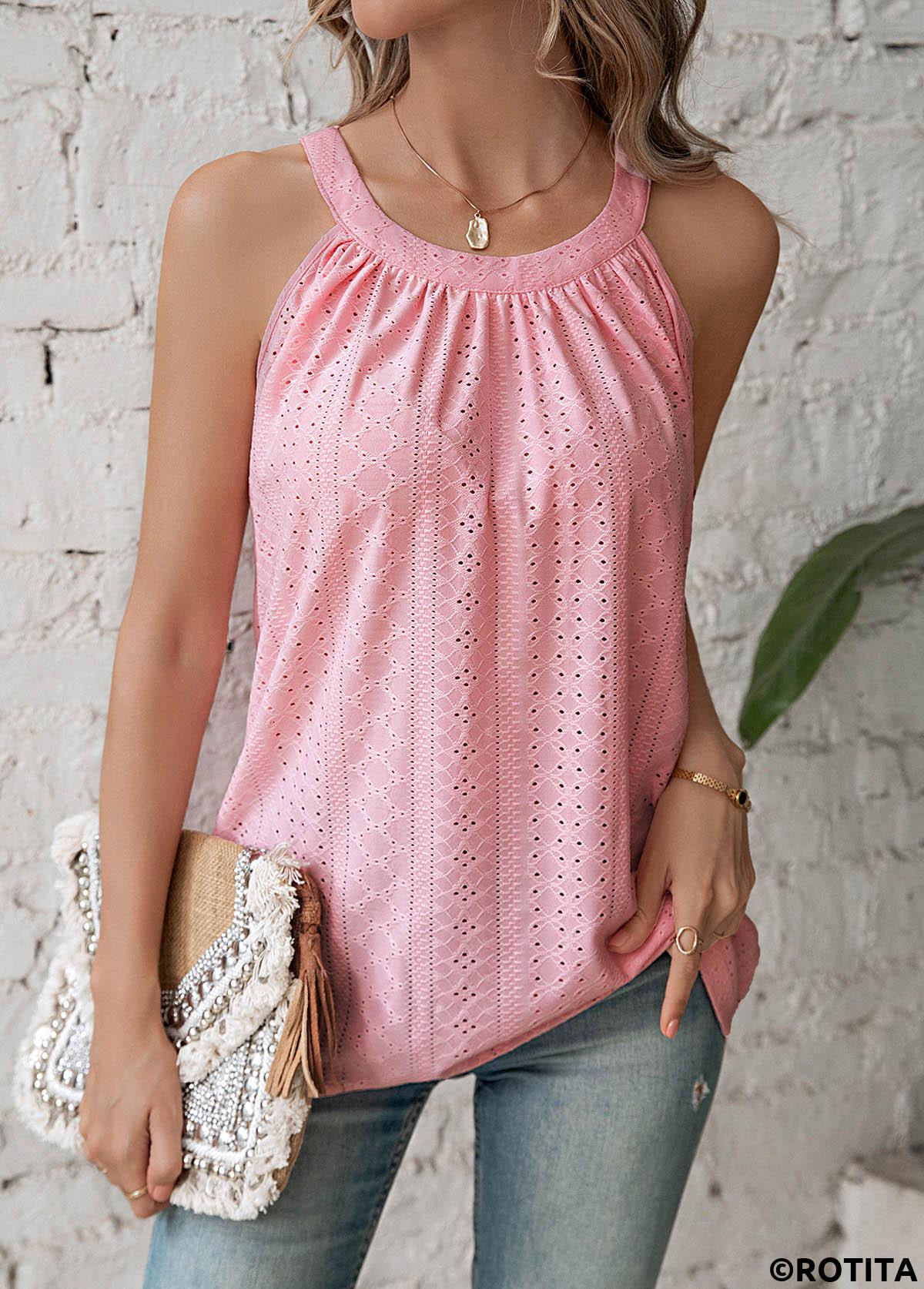 Pink tops,Plain Color tops,Ruched Pink Round Neck Sleeveless T Shirt
