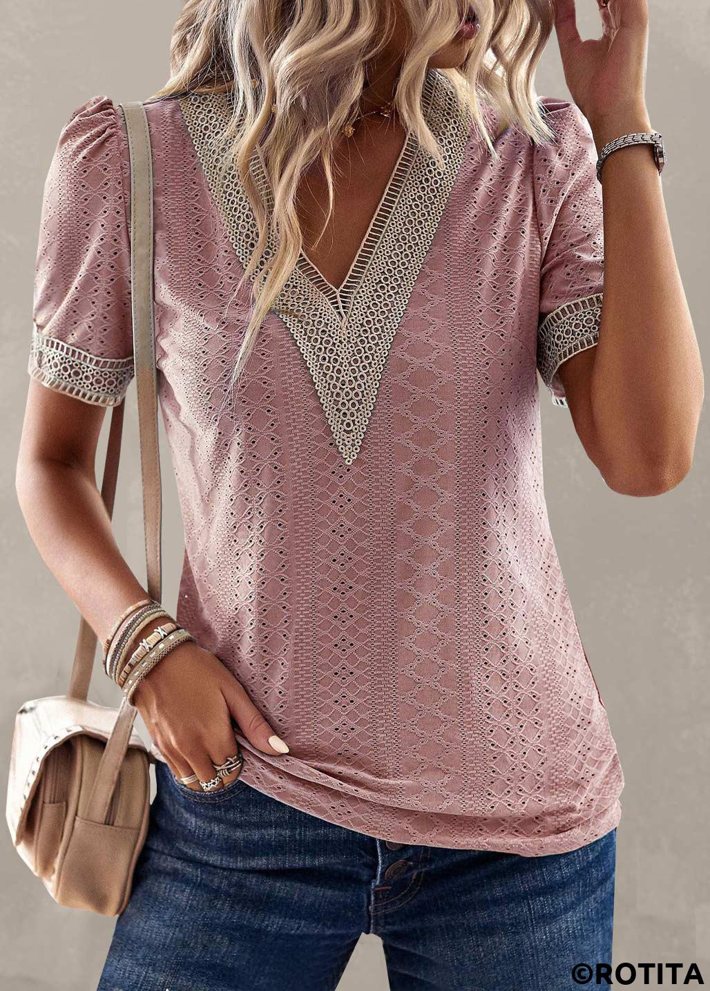 Pink tops,Contrast Color tops,ROTITA Patchwork Pink V Neck Short Sleeve T Shirt