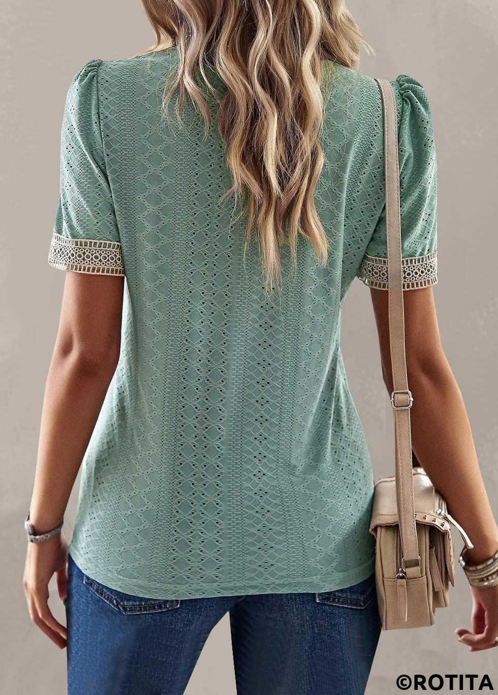 Green tops,Contrast Color tops,ROTITA Patchwork Green V Neck Short Sleeve T Shirt