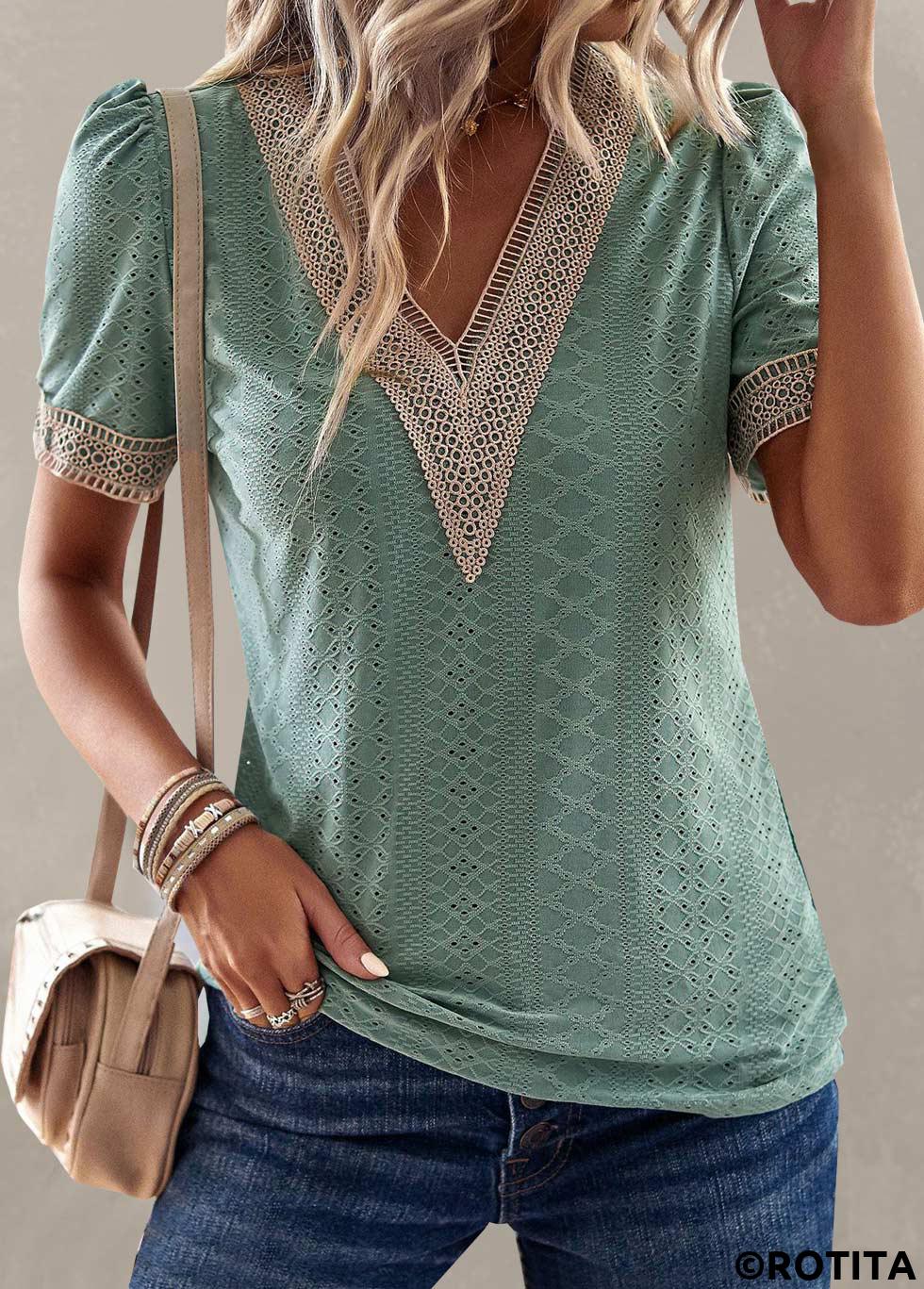 Green tops,Contrast Color tops,ROTITA Patchwork Green V Neck Short Sleeve T Shirt