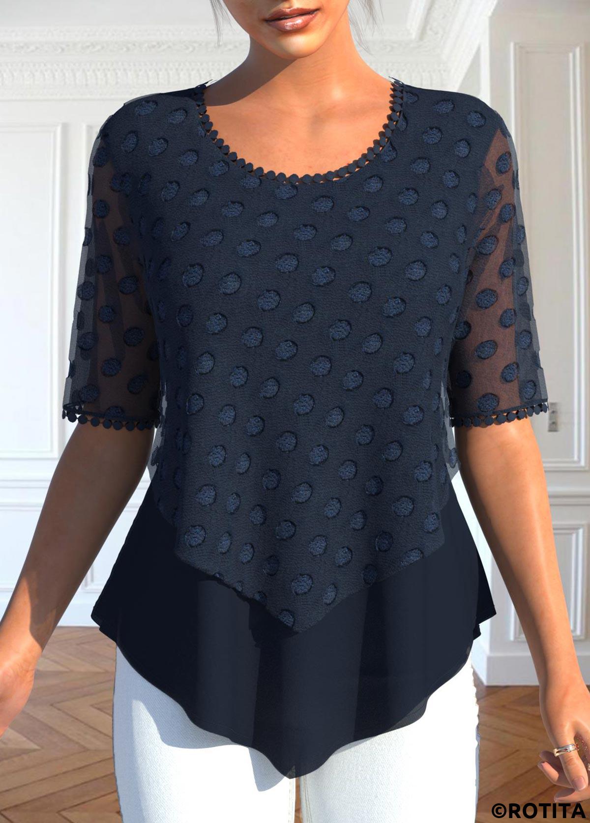 Navy tops,Plain Color tops,ROTITA Layered Navy V Neck Fake Two Piece Twinset