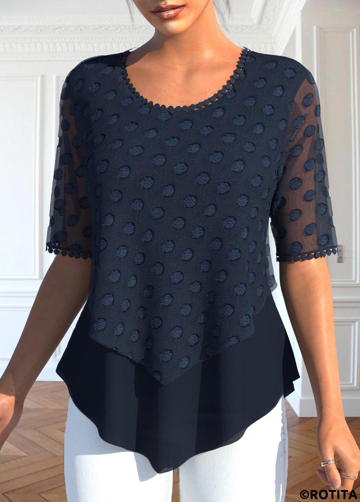 Navy tops,Plain Color tops,ROTITA Layered Navy V Neck Fake Two Piece Twinset