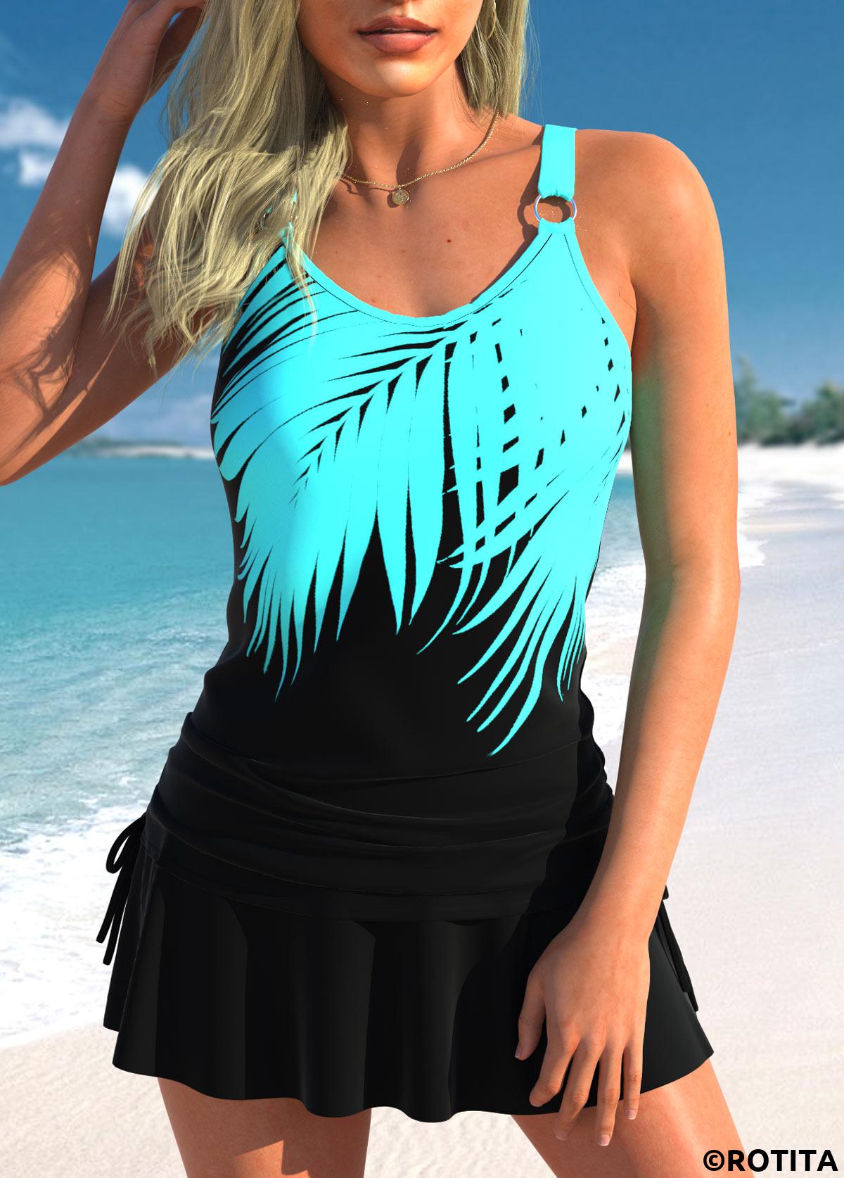 Black swimwear,Cyan swimwear,Plants swimwear,ROTITA Drawstring Black Tropical Plants Print Tankini Top